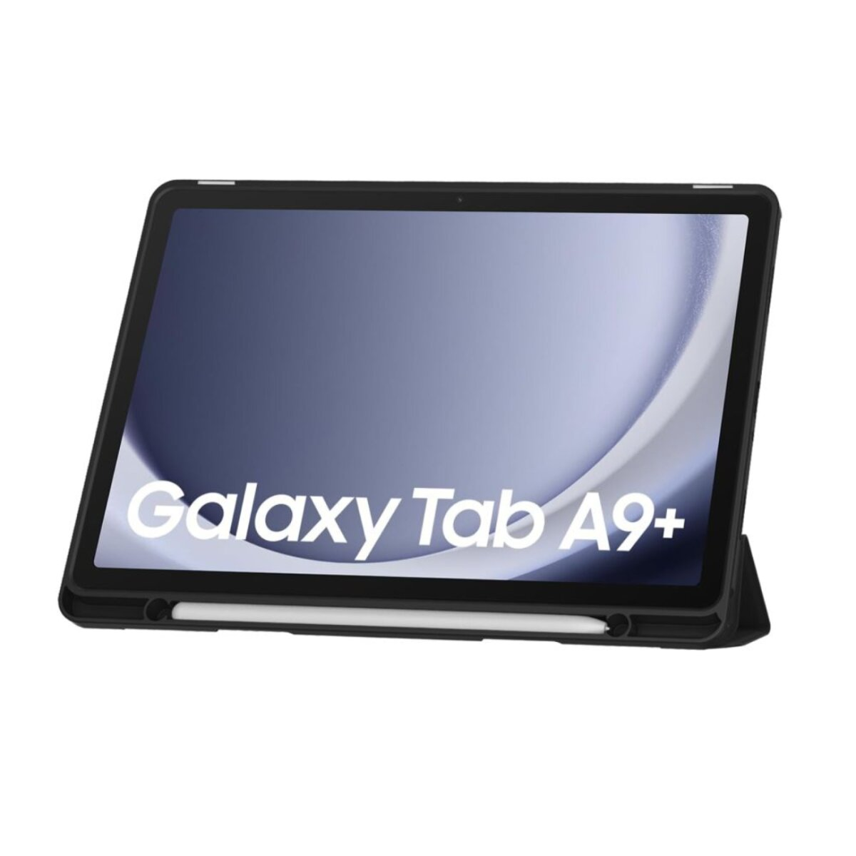 Un tablet Galaxy Tab A9+ in una custodia nera, con uno stilo bianco. Lo schermo mostra il nome del tablet.