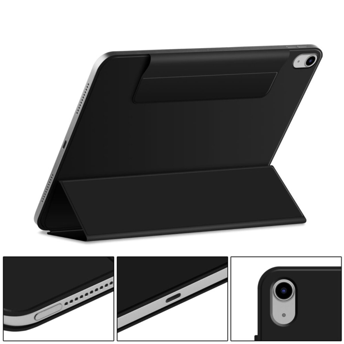 Ein schwarzes Tablet in einer Hülle, aufgestellt. Die Hülle ist gefaltet, um das Tablet zu stützen. Nahaufnahmen zeigen Details.