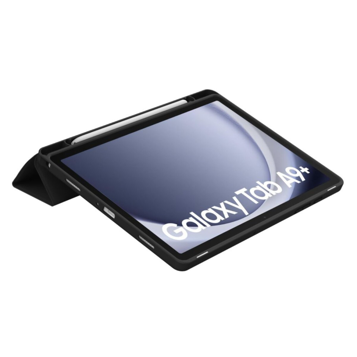 Un tablet Galaxy Tab A9+ in una custodia nera con una penna stilo sopra. Lo schermo mostra il nome del tablet.
