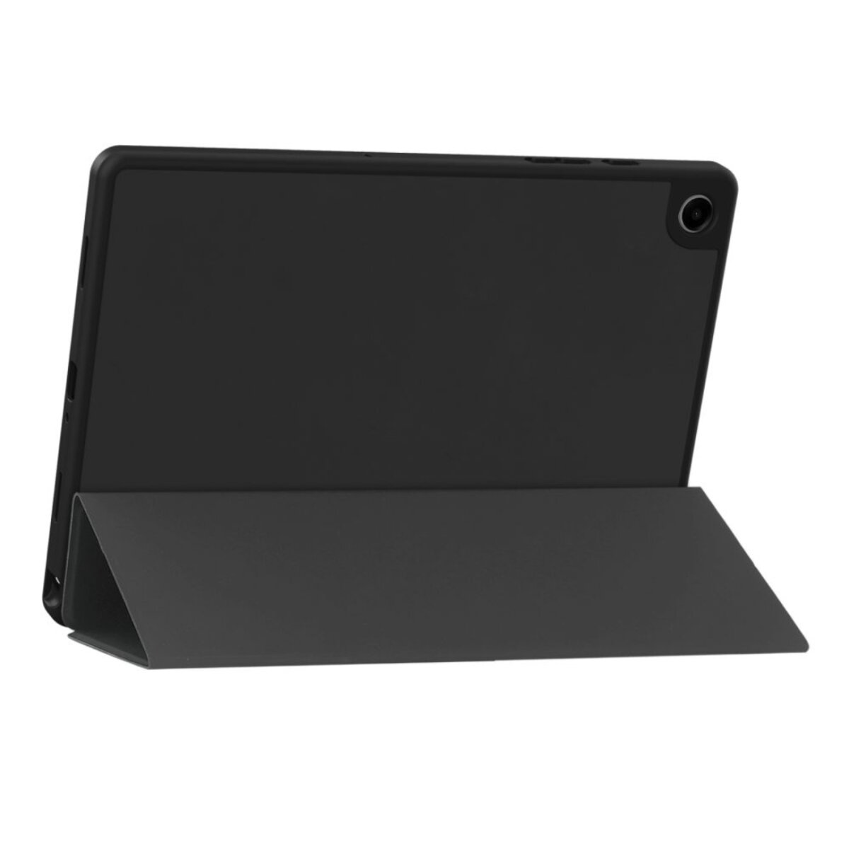Tablet nero con custodia nera, sostenuto da una cover. Il tablet ha una fotocamera sul retro.