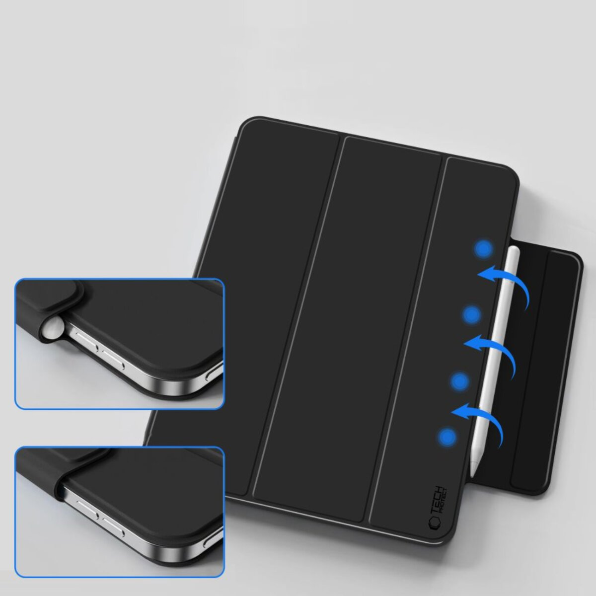 Schwarze Tablethülle mit Stift, blaue Pfeile zeigen Funktionen. Zwei Ausschnitte zeigen die Seite des Tablets.