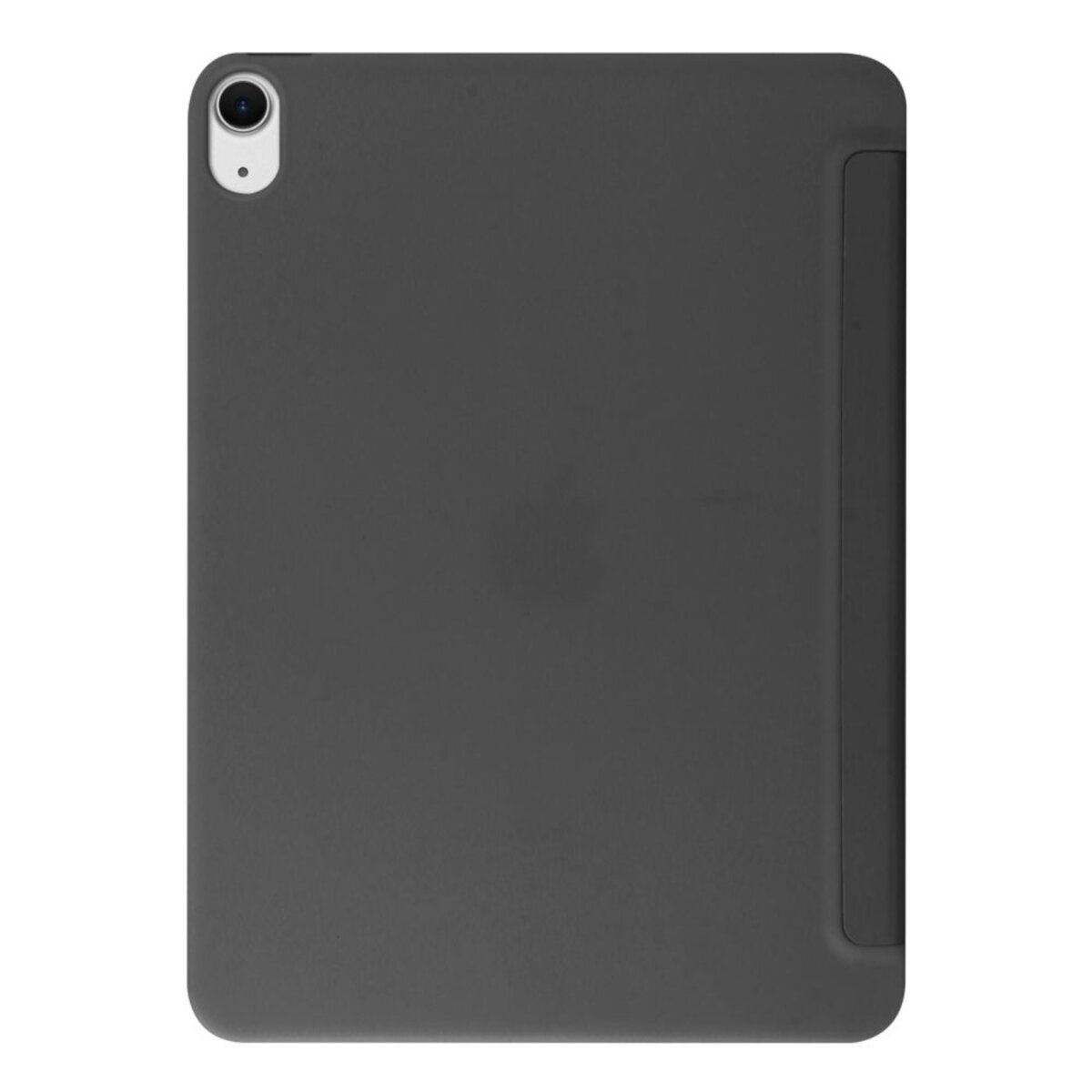 Un tablet grigio scuro con una fotocamera in alto a sinistra e una cover sul lato destro. Lo sfondo è bianco.