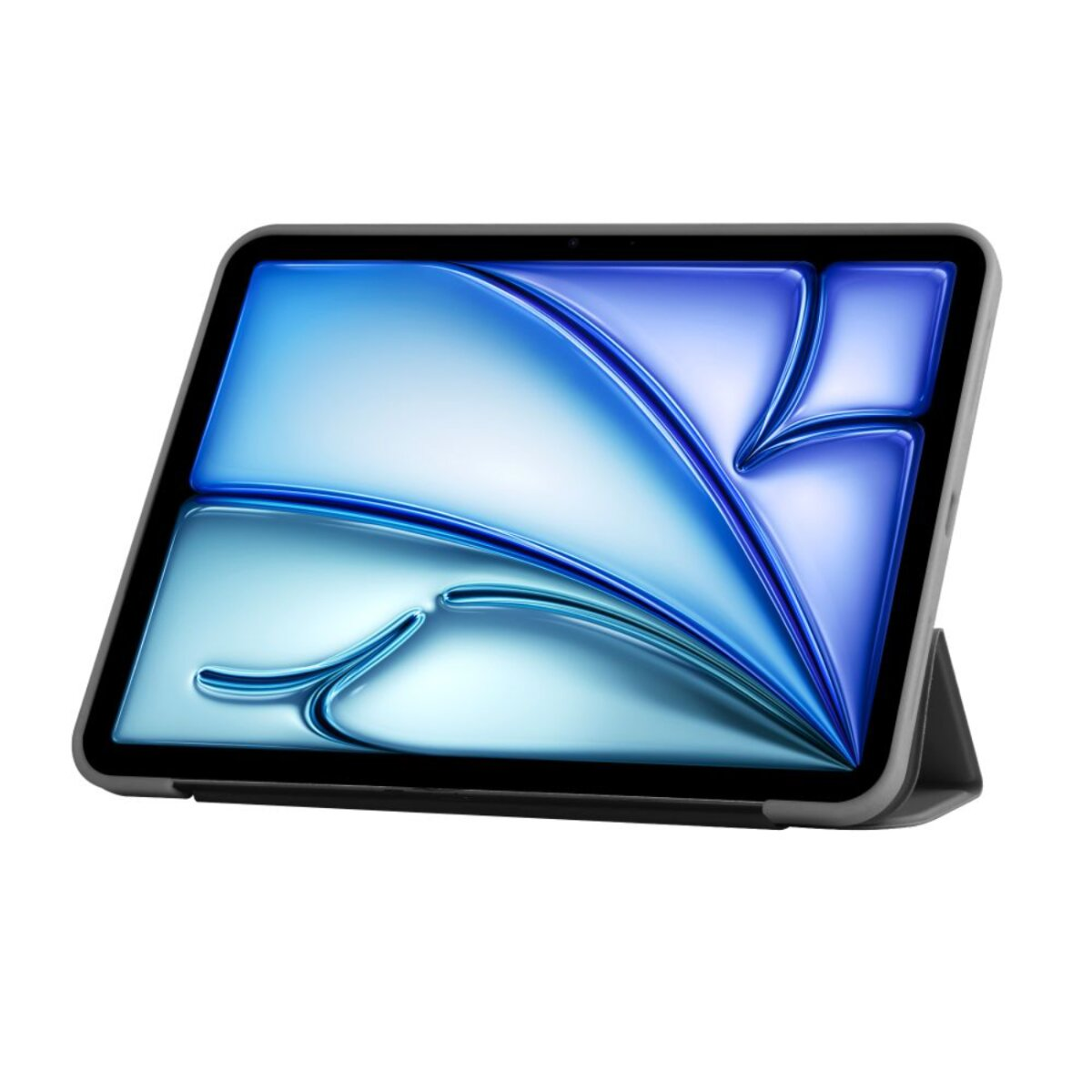 Un tablet con un design astratto blu e bianco sullo schermo, appoggiato in una custodia grigio scuro, leggermente angolato.