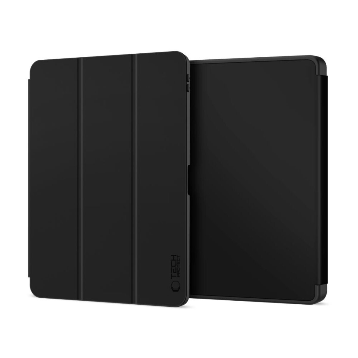 Una custodia nera per tablet, aperta. Il lato sinistro è ripiegato, rivelando l'interno. Il lato destro è aperto.
