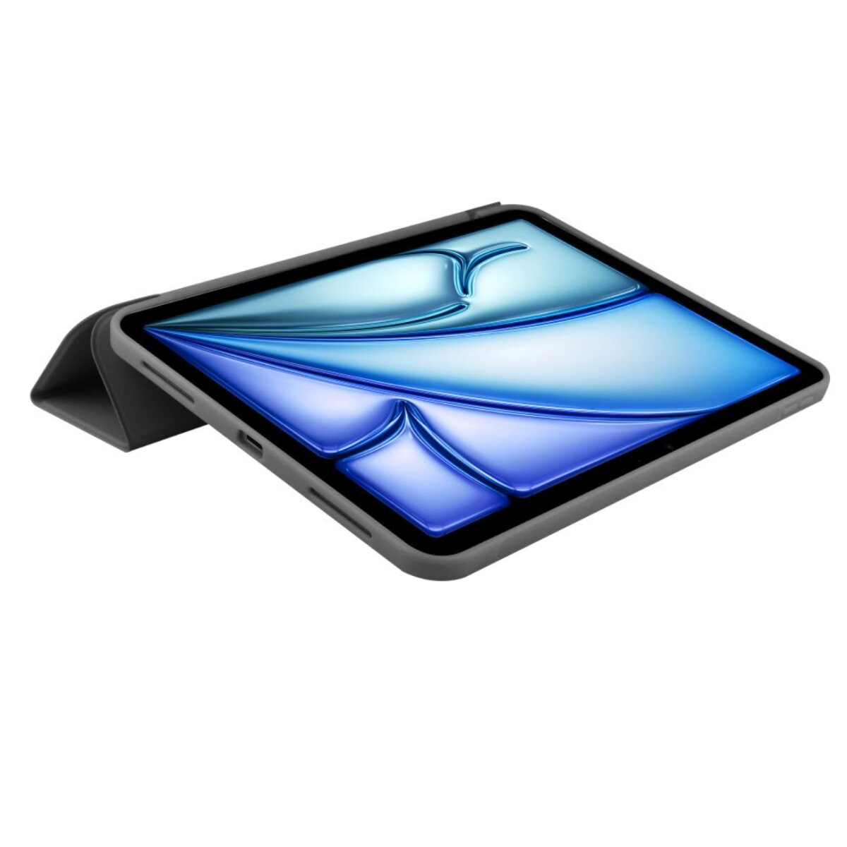 Tablet in una custodia grigia, schermo con design astratto blu e bianco. La custodia è aperta, supportando il tablet.