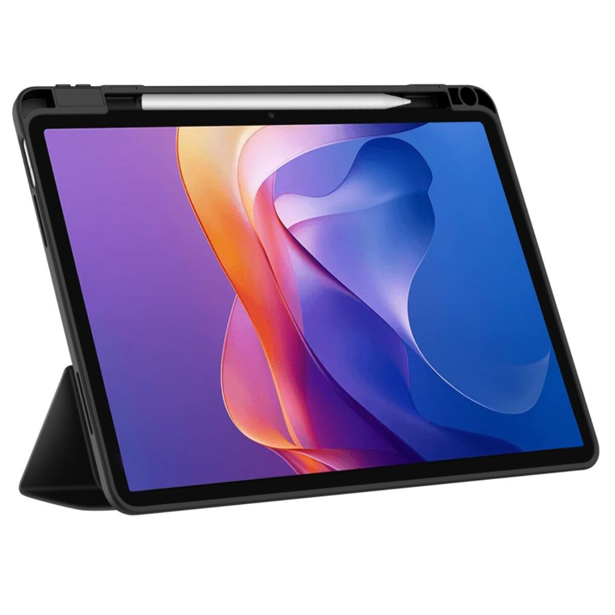 Un tablet con custodia e stilo. Lo schermo mostra forme astratte colorate. La custodia è nera, lo stilo è bianco.