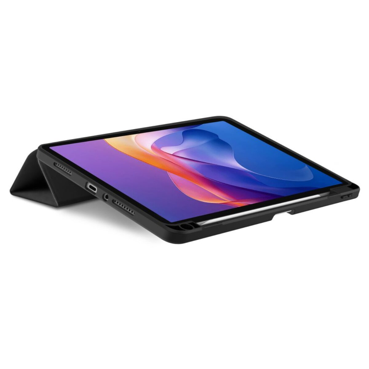 Tablet in custodia nera, angolato. Lo schermo mostra colori astratti. Uno stilo attaccato. Custodia nera piegata come supporto.