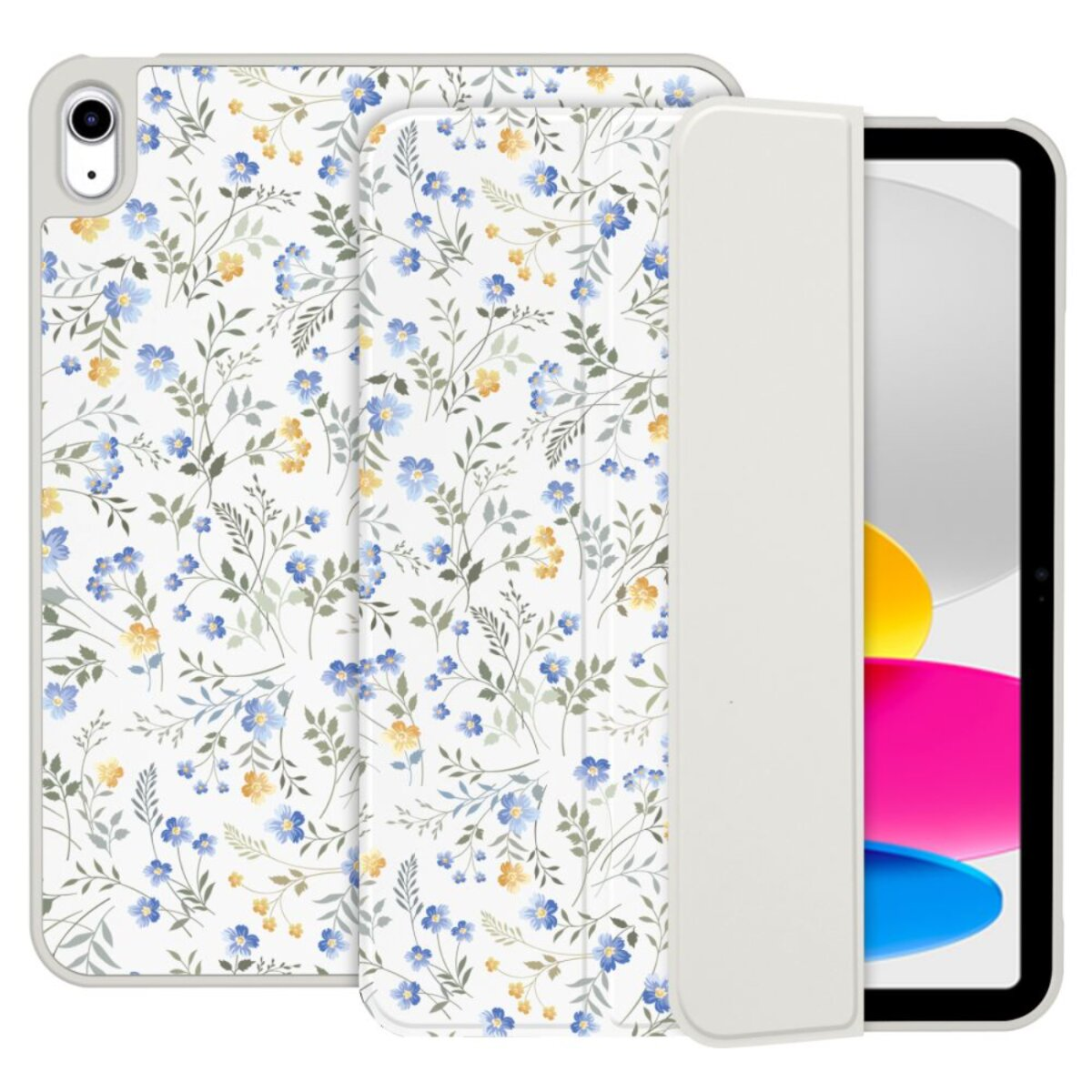 Ein iPad in einer floralen Hülle. Die Hülle ist weiß mit blauen und gelben Blumen. Der iPad-Bildschirm zeigt bunte Formen.
