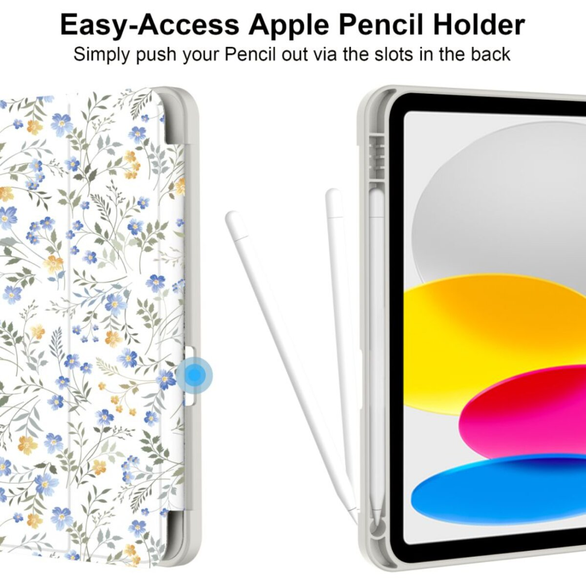 Eine iPad-Hülle mit floralem Design und einem Apple Pencil. Der Stift befindet sich neben dem iPad. Text: Easy-Access Apple Pencil Holder.