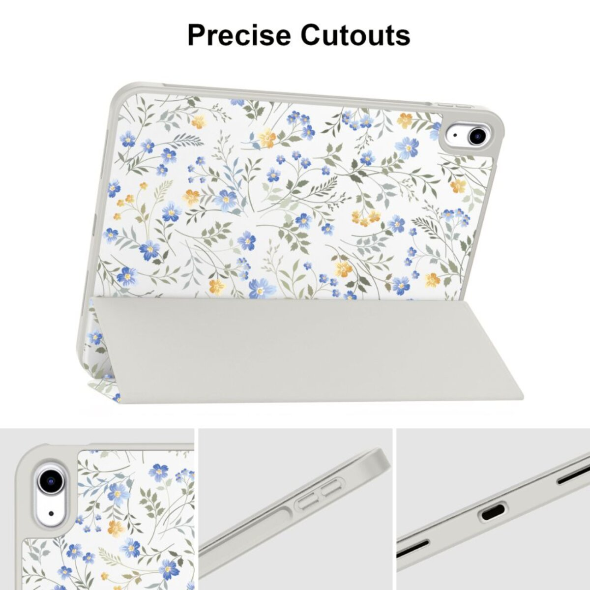 Eine iPad-Hülle mit floralem Muster, mit blauen, gelben Blumen auf weißem Grund und einer grauen Abdeckung.