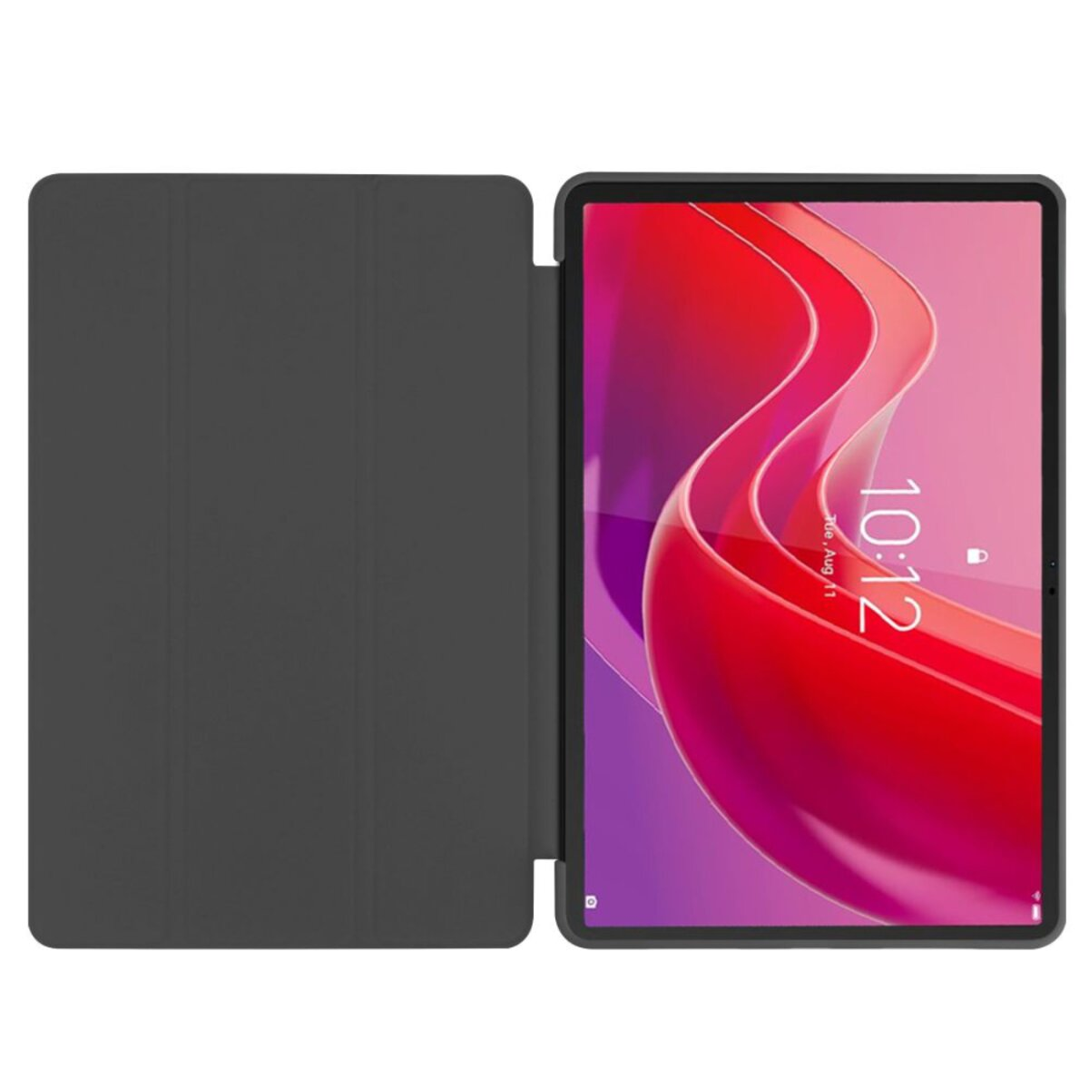 Tablet con cover grigio scuro. Lo schermo mostra un design astratto rosso e rosa con l'ora 10:12.