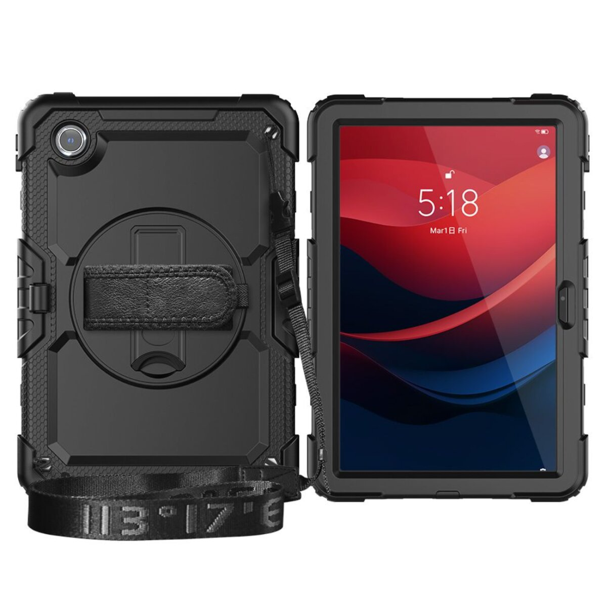 Schwarzes Tablet mit Schutzhülle. Tablet zeigt Bildschirm mit Uhrzeit. Hülle hat Gurt und Handhalter.