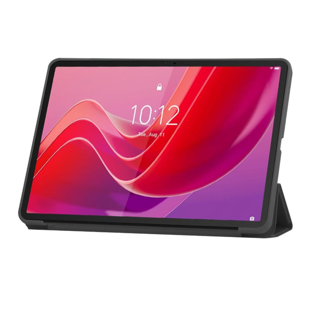 Tablet con custodia nera che mostra le 10:12 sullo schermo. Lo schermo presenta motivi astratti rossi e viola.