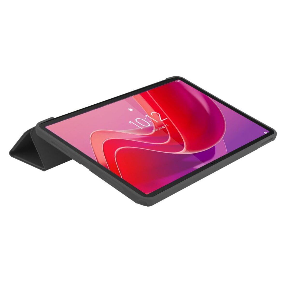 Un tablet con custodia nera è in mostra. Lo schermo mostra un design astratto rosa e rosso. L'ora è 10:12.