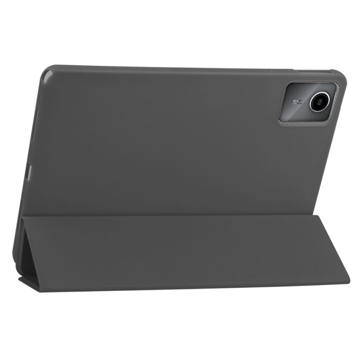 Un tablet grigio in una custodia abbinata. La custodia è aperta, sostenendo il tablet. Obiettivo della fotocamera visibile.