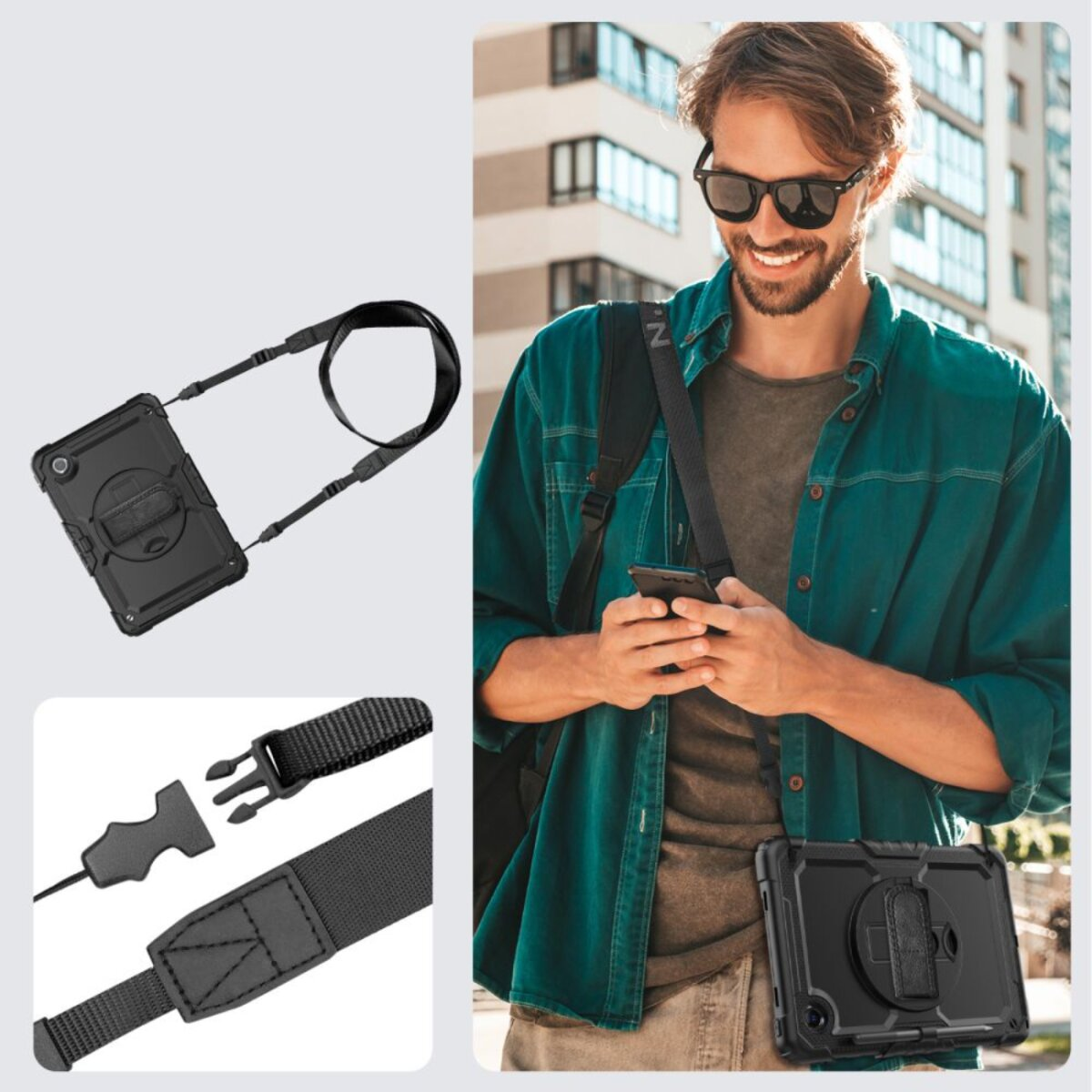 Ein Mann mit Sonnenbrille und blaugrünem Hemd hält ein Telefon. Ein Tablet mit schwarzem Gurt hängt über seiner Schulter. Tablet-Teile sind abgebildet.
