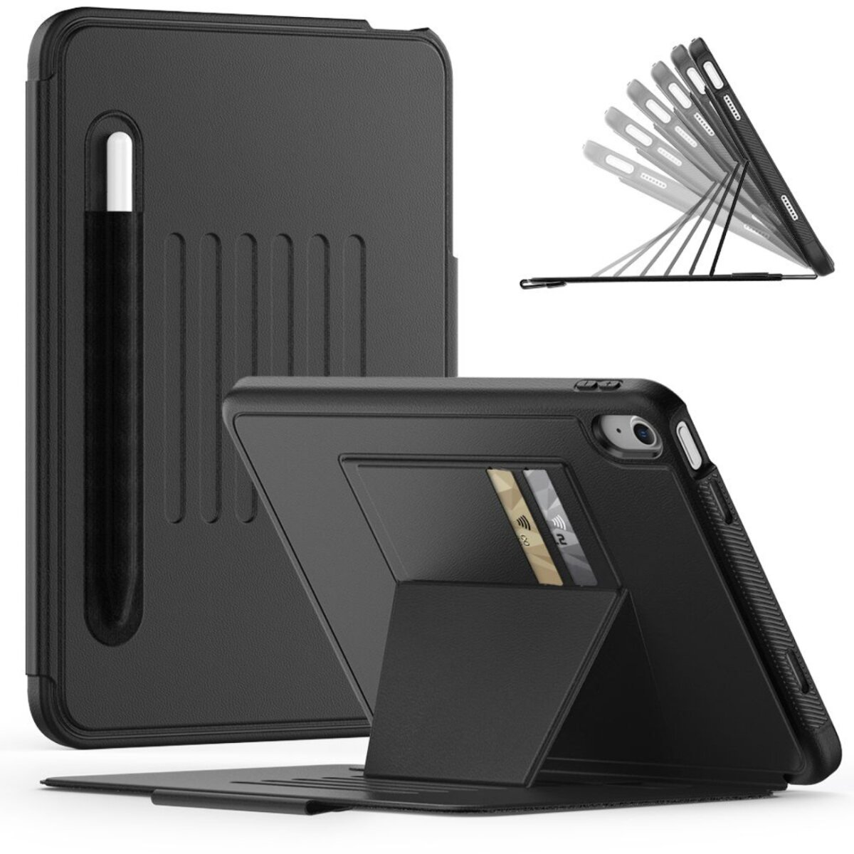 Eine schwarze iPad-Hülle mit integriertem Ständer, Stifthalter und Kartenfächern. Die Hülle kann gefaltet werden.