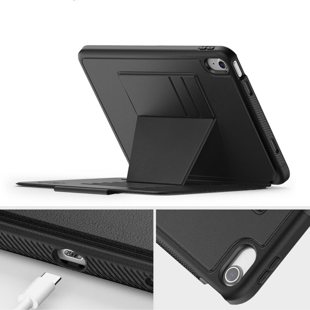 Schwarze Tablet-Hülle mit Ständer. Zu den Merkmalen gehören eine Kamera, ein Ladeanschluss und eine strukturierte Oberfläche.