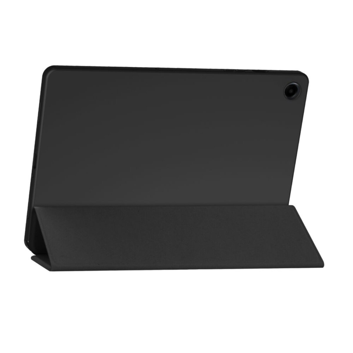 Une tablette noire avec une housse, sur fond blanc. La tablette est en position verticale, soutenue par son étui.