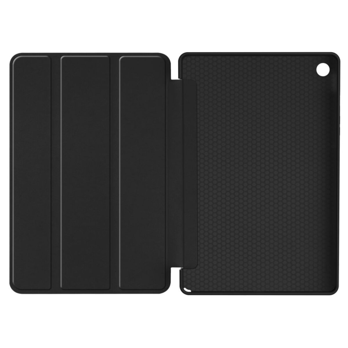 Étui de tablette noir, ouvert. Le côté gauche est plié. Le côté droit montre un intérieur à motifs et un trou pour l'appareil photo.