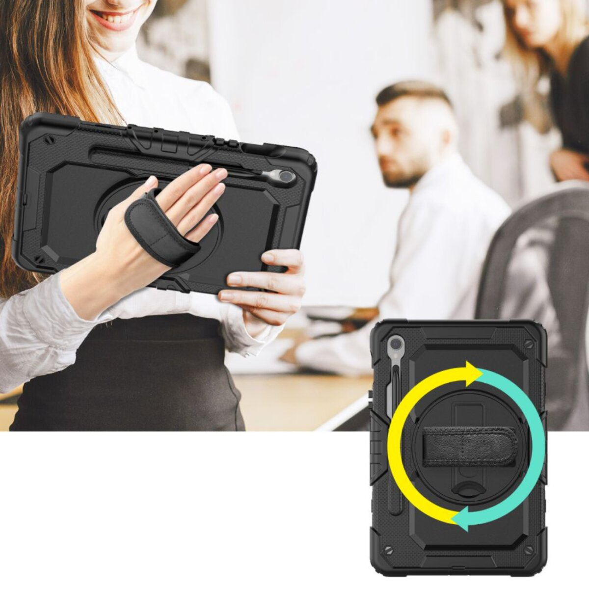 Eine Frau hält eine schwarze Tablethülle mit Handschlaufe. Ein Mann und eine Frau sind verschwommen im Hintergrund. Nahaufnahme der Hülle.