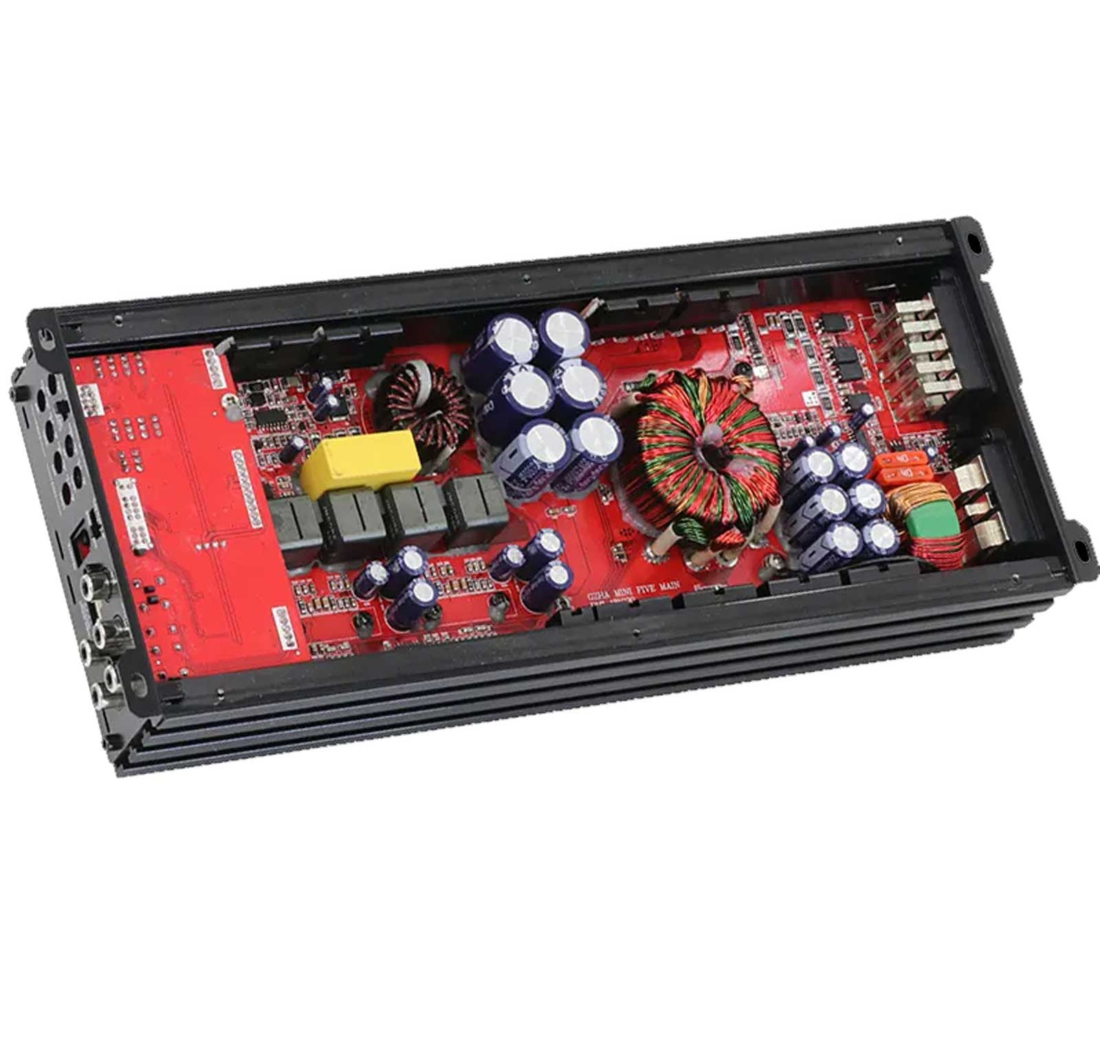 Eine rote Leiterplatte mit mehreren elektronischen Bauteilen in einem schwarzen rechteckigen Gehäuse.