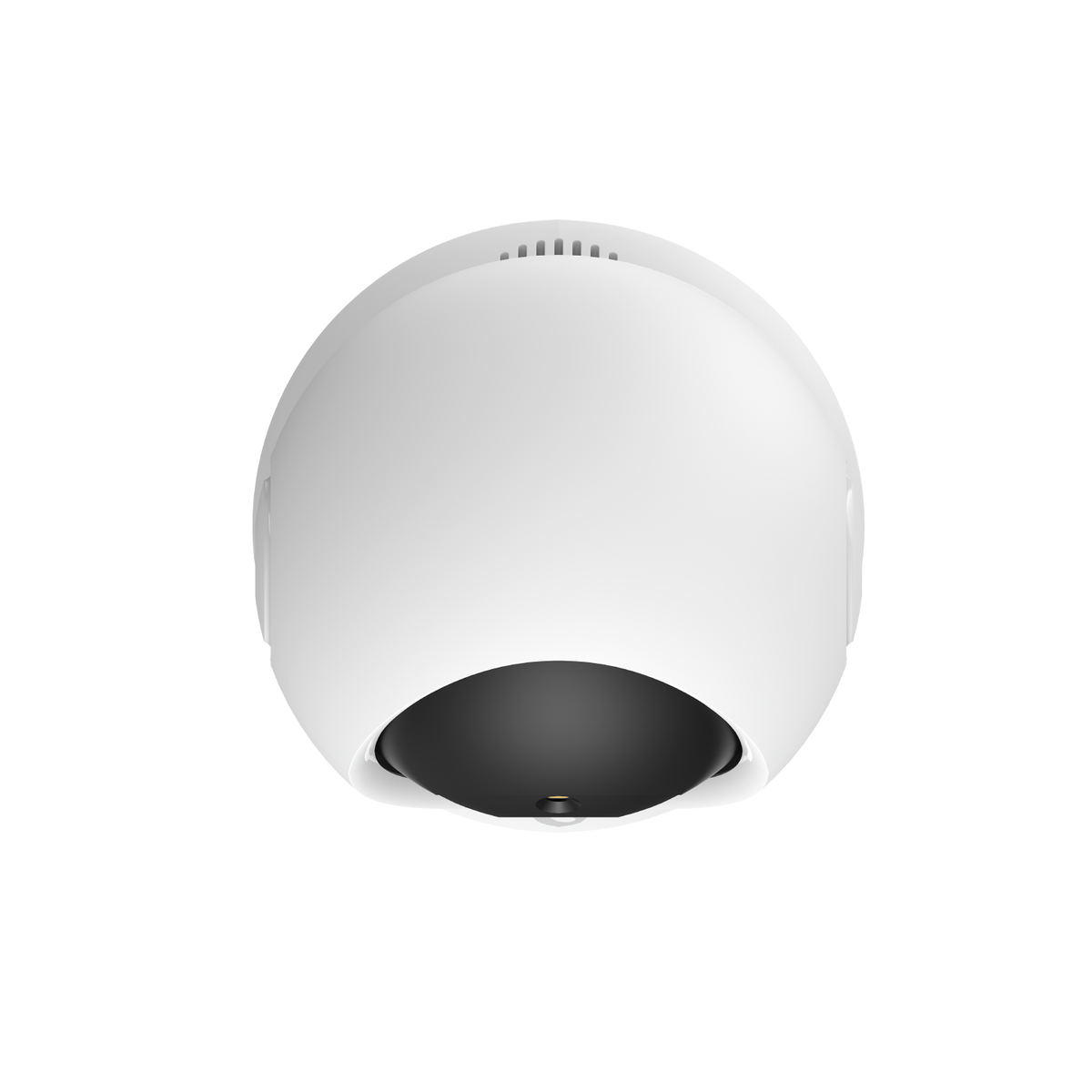 Biała, kopułkowa kamera bezpieczeństwa z czarnym, wpuszczonym obiektywem. Tło jest jednolicie czarne.