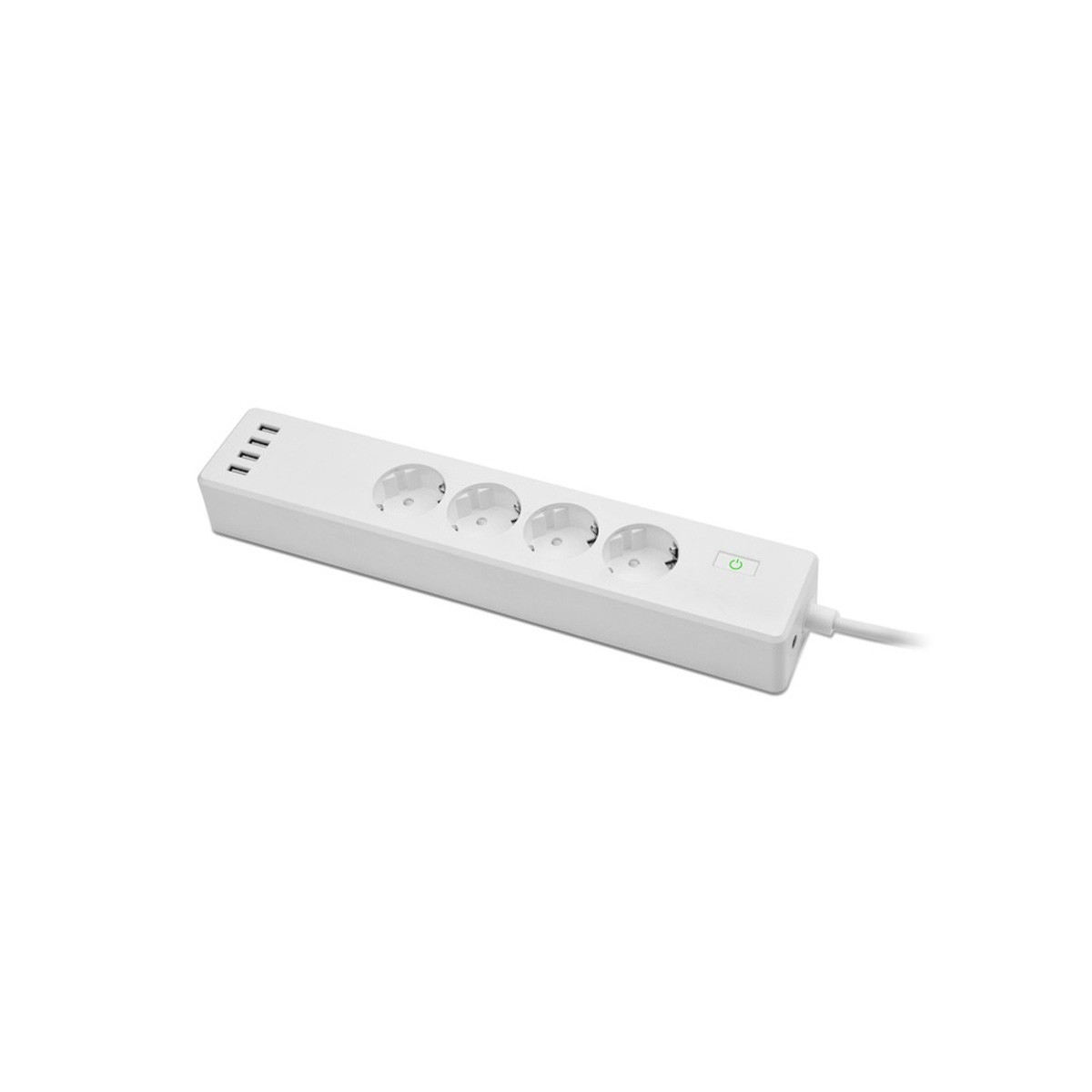 Una regleta blanca con cuatro enchufes y un botón de encendido, conectada a un cable blanco, sobre fondo blanco.