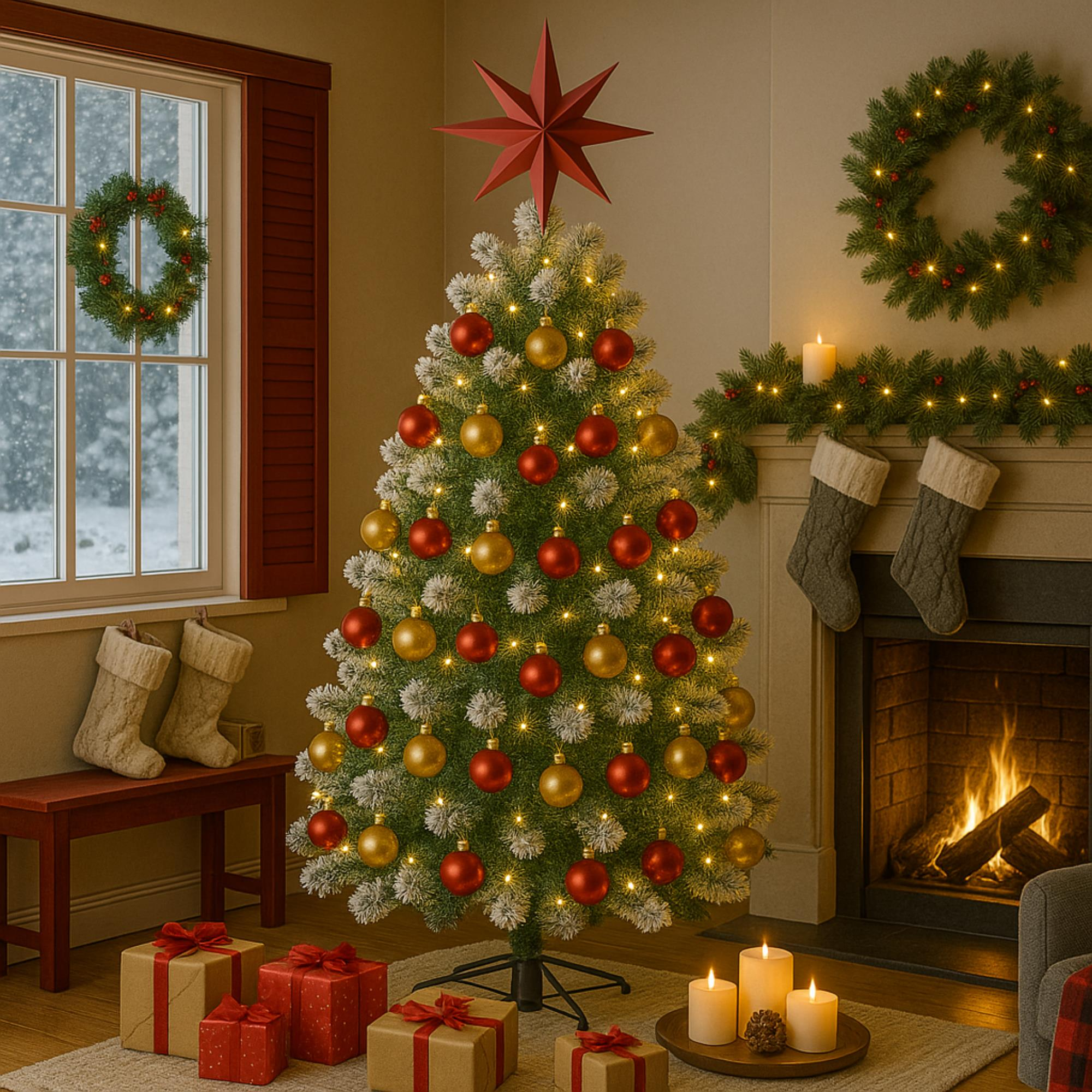 Un árbol de Navidad decorado con adornos, luces y una estrella. También se ven regalos, una chimenea y una ventana con una corona.