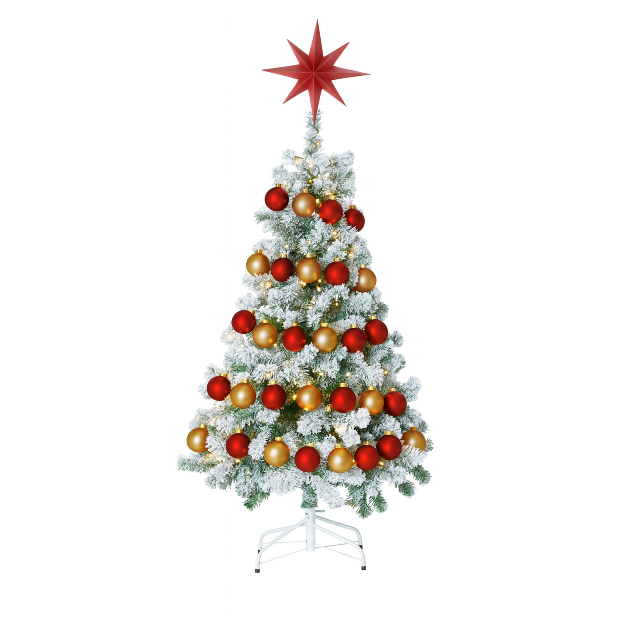 Un árbol de Navidad nevado con adornos rojos y dorados, coronado por una estrella roja, sobre fondo blanco.