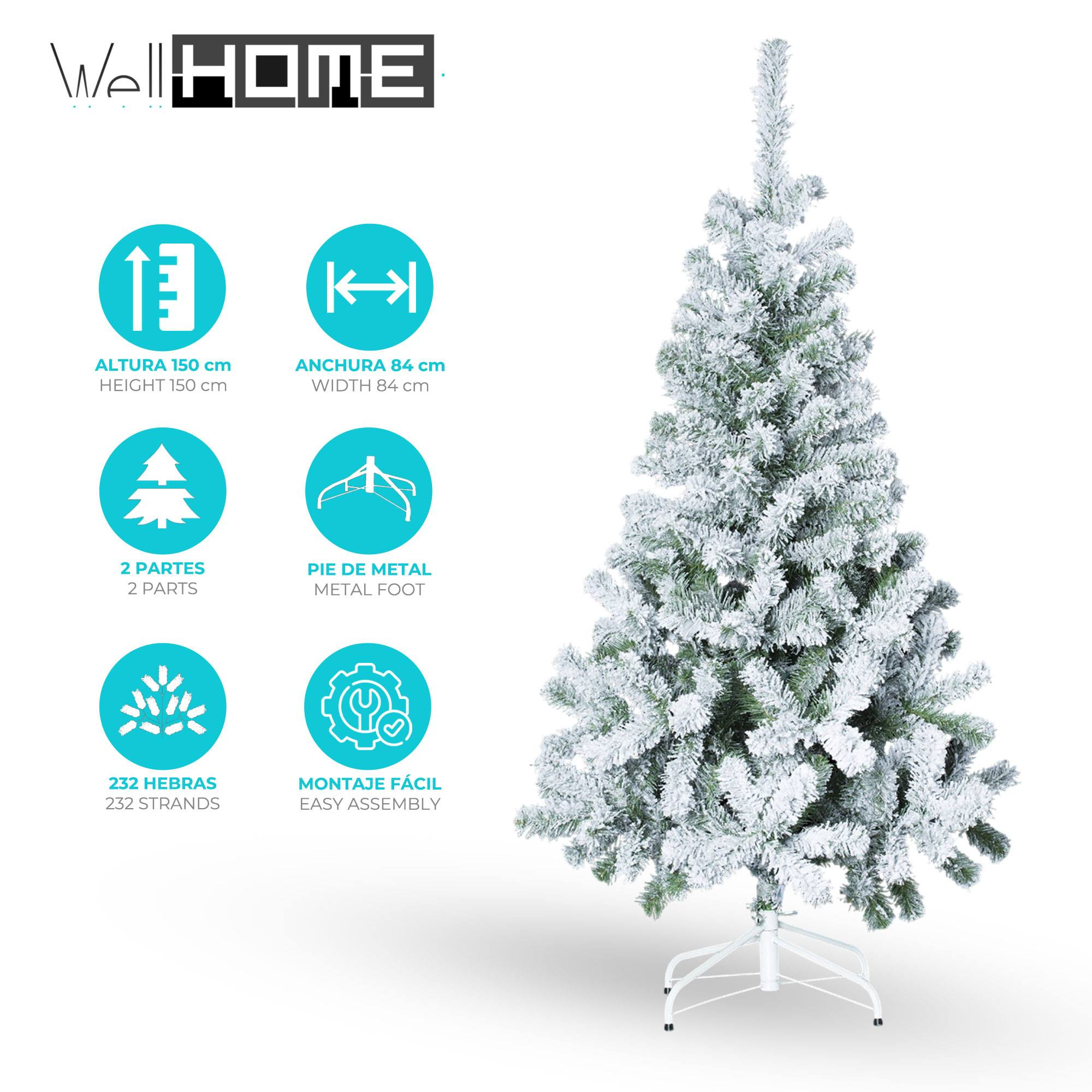 Árbol de Navidad artificial cubierto de nieve. Soporte metálico blanco. Iconos de información en el fondo.
