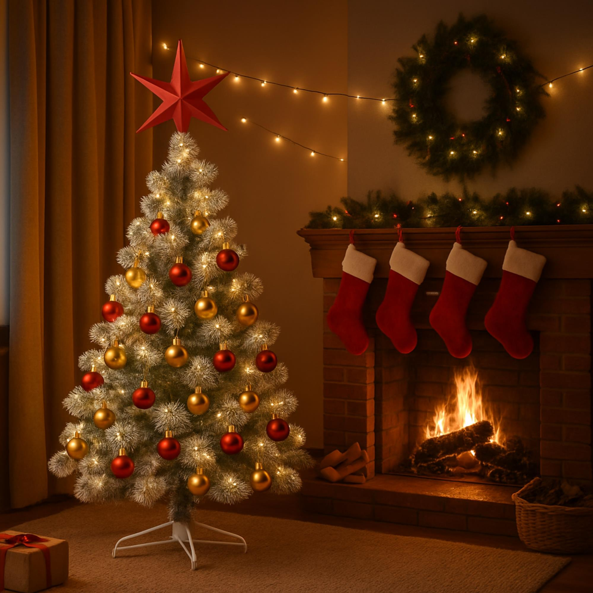 Árbol de Navidad decorado con estrella roja, chimenea con medias, fuego ardiendo, luces festivas y una corona.