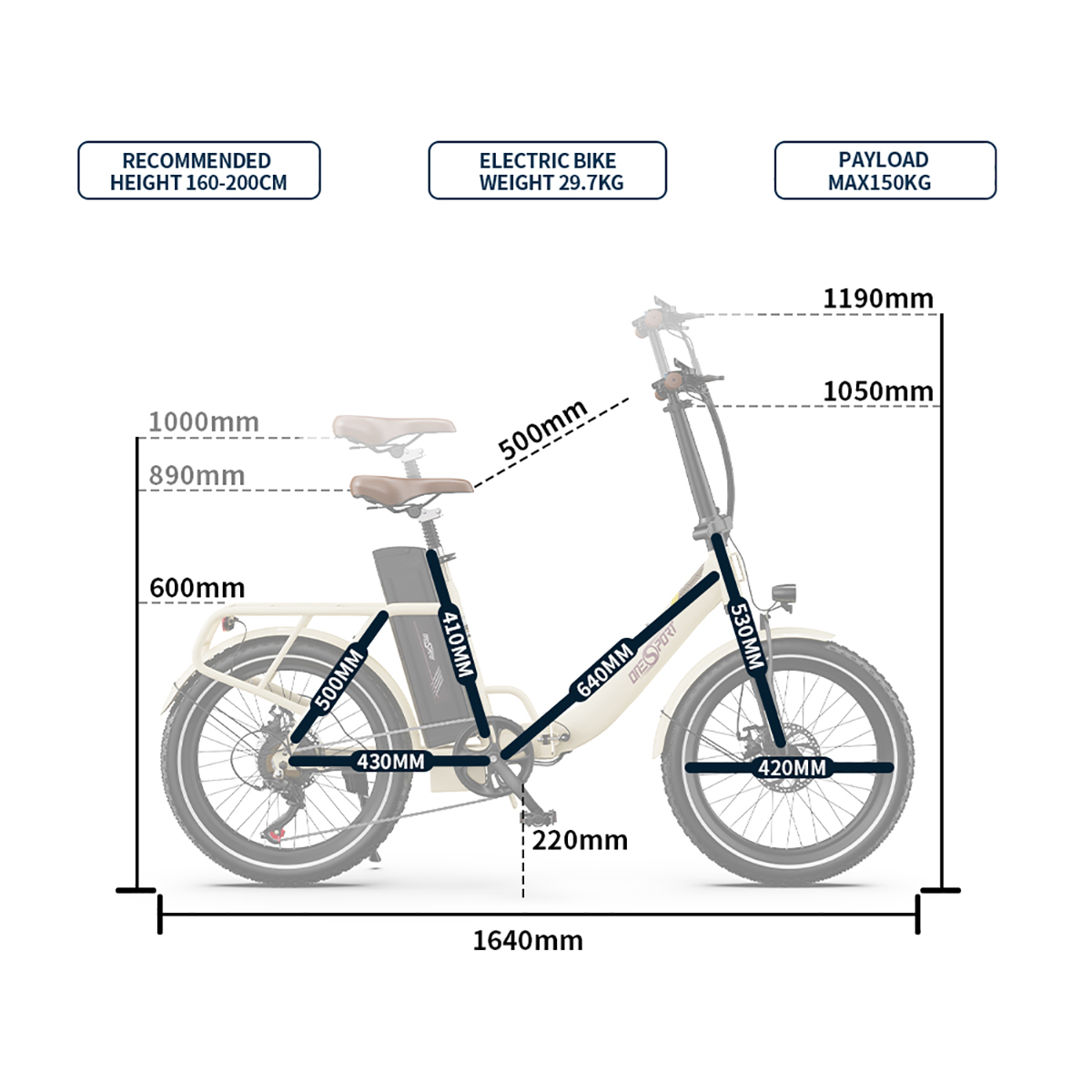 Kremowy rower elektryczny, z wymiarami i specyfikacjami. Etykiety zawierają wysokość, wagę i ładowność.