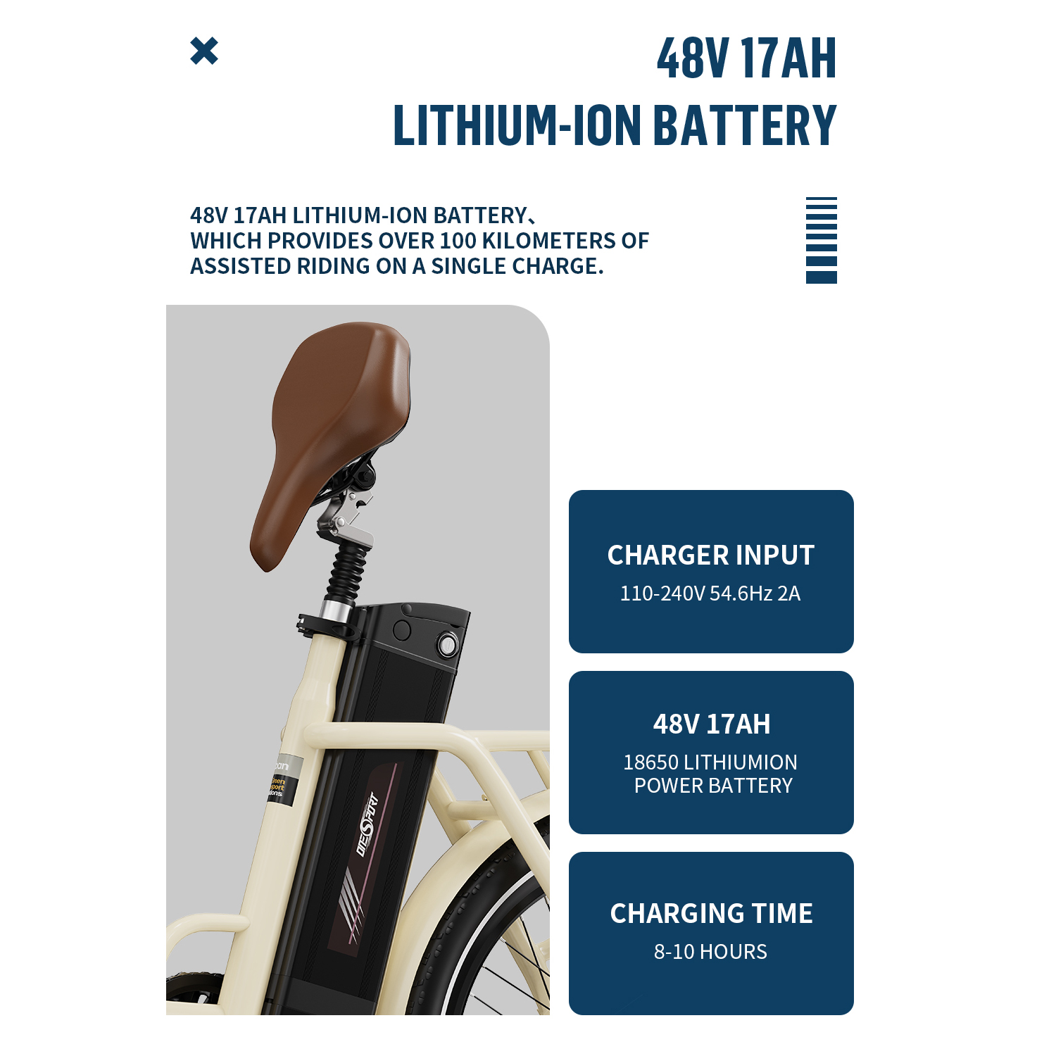 Rower elektryczny z brązowym siodełkiem, czarną baterią i tekstem wskazującym jego specyfikacje i szczegóły ładowania. Tekst mówi '48V 17AH'.