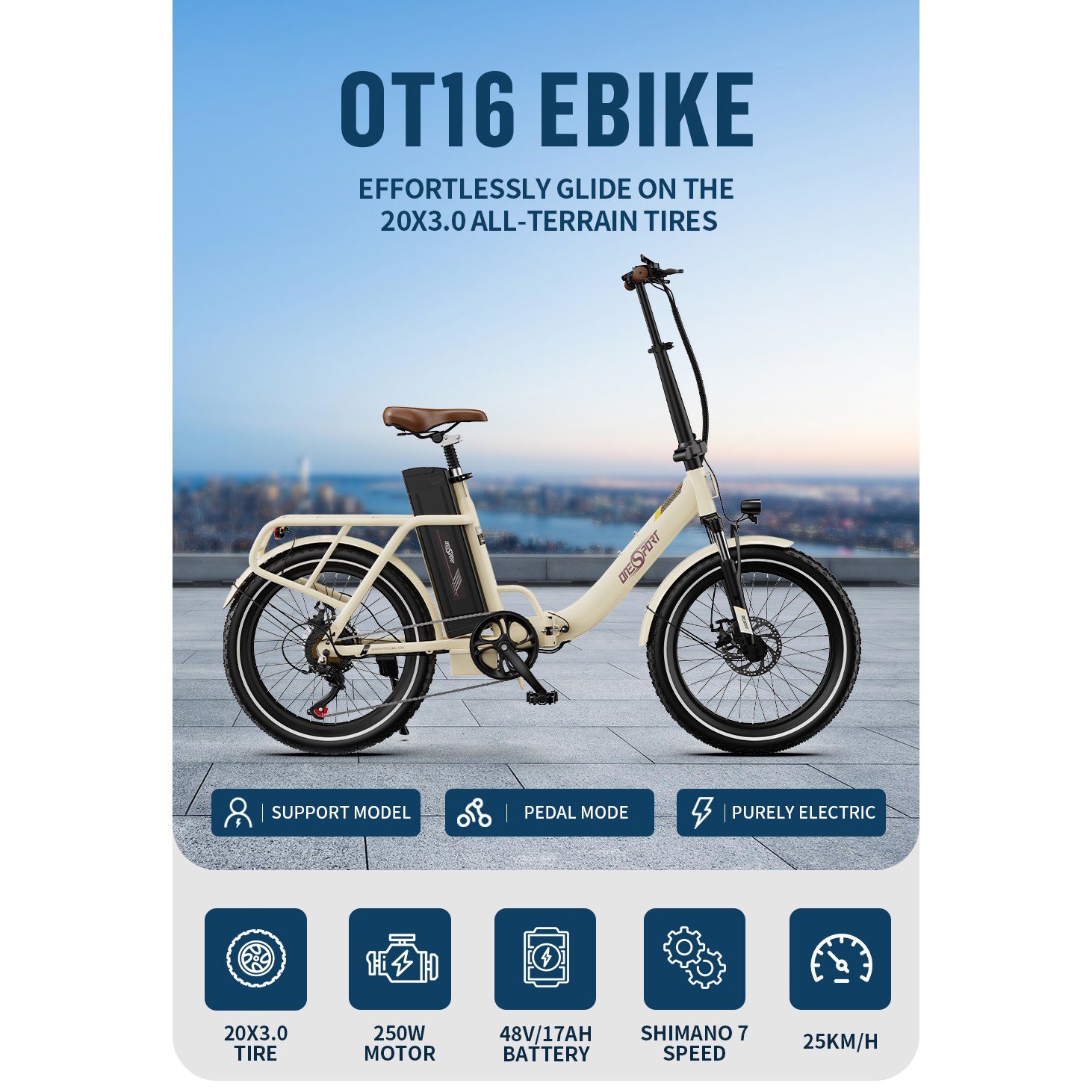 Kremowo-biały rower elektryczny OT16. Tekst: Bez wysiłku suniesz po oponach terenowych 20x3.0. Zawiera ikony trybów i specyfikacji.