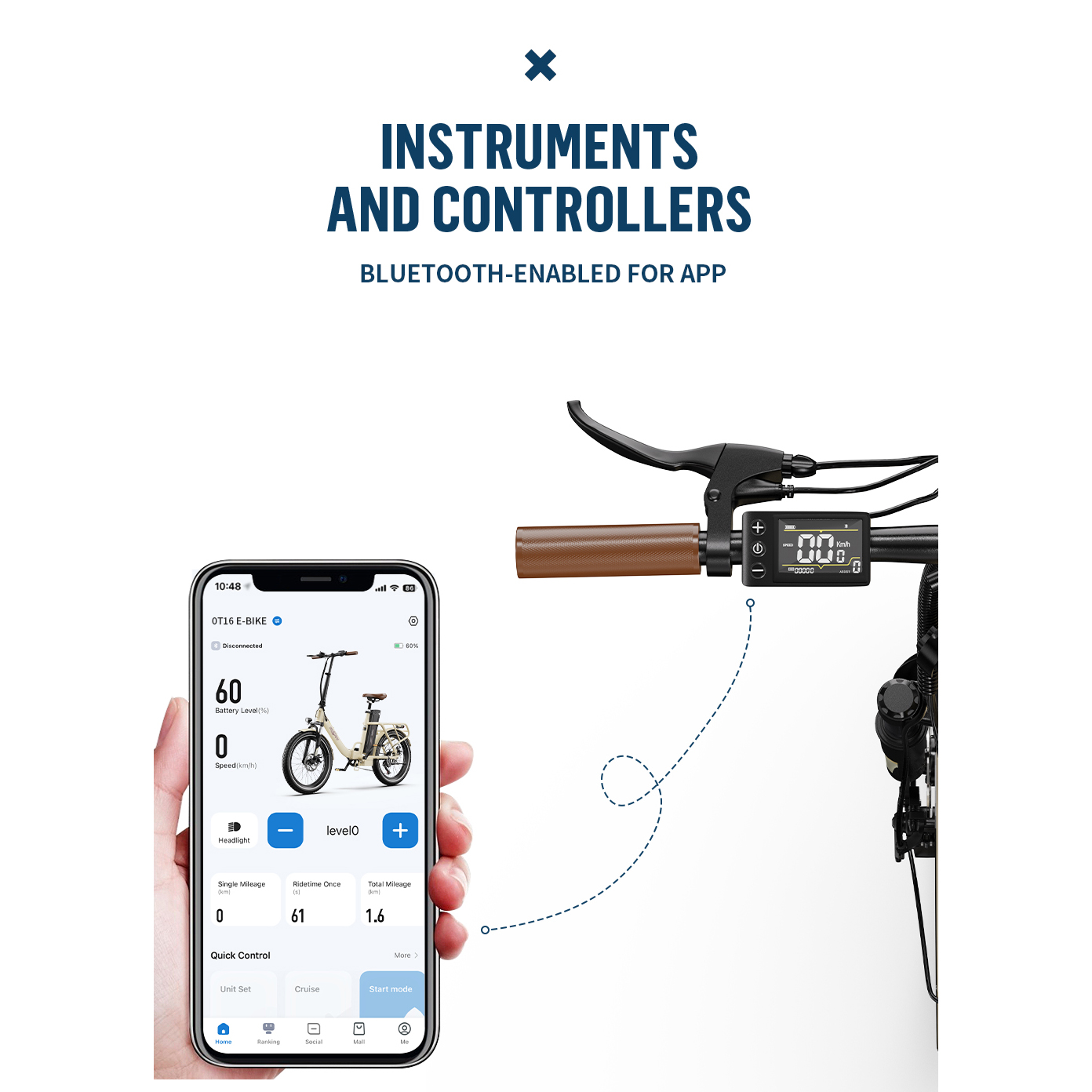 Kierownica roweru elektrycznego z wyświetlaczem 00 km/h, połączona przez Bluetooth ze smartfonem z danymi o rowerze.