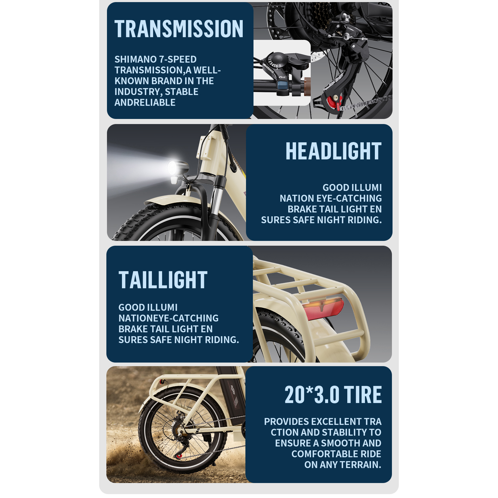 Rower elektryczny prezentujący swoją skrzynię biegów, reflektor, tylne światło i oponę z opisami.