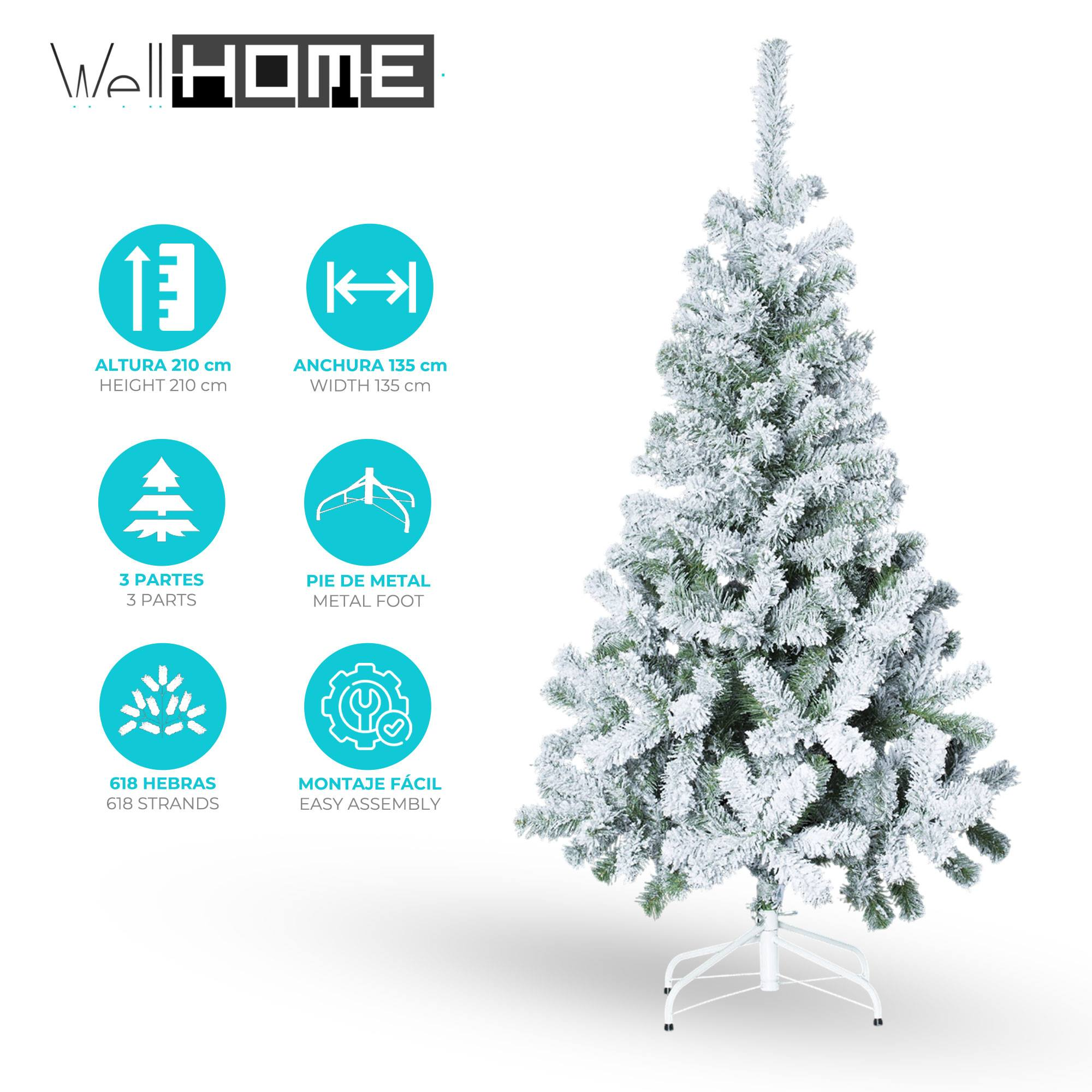 Un árbol de Navidad blanco con textura de nieve sobre una base blanca. Infografías: altura 210 cm, ancho 135 cm, 3 partes, pie de metal, 618 hebras.