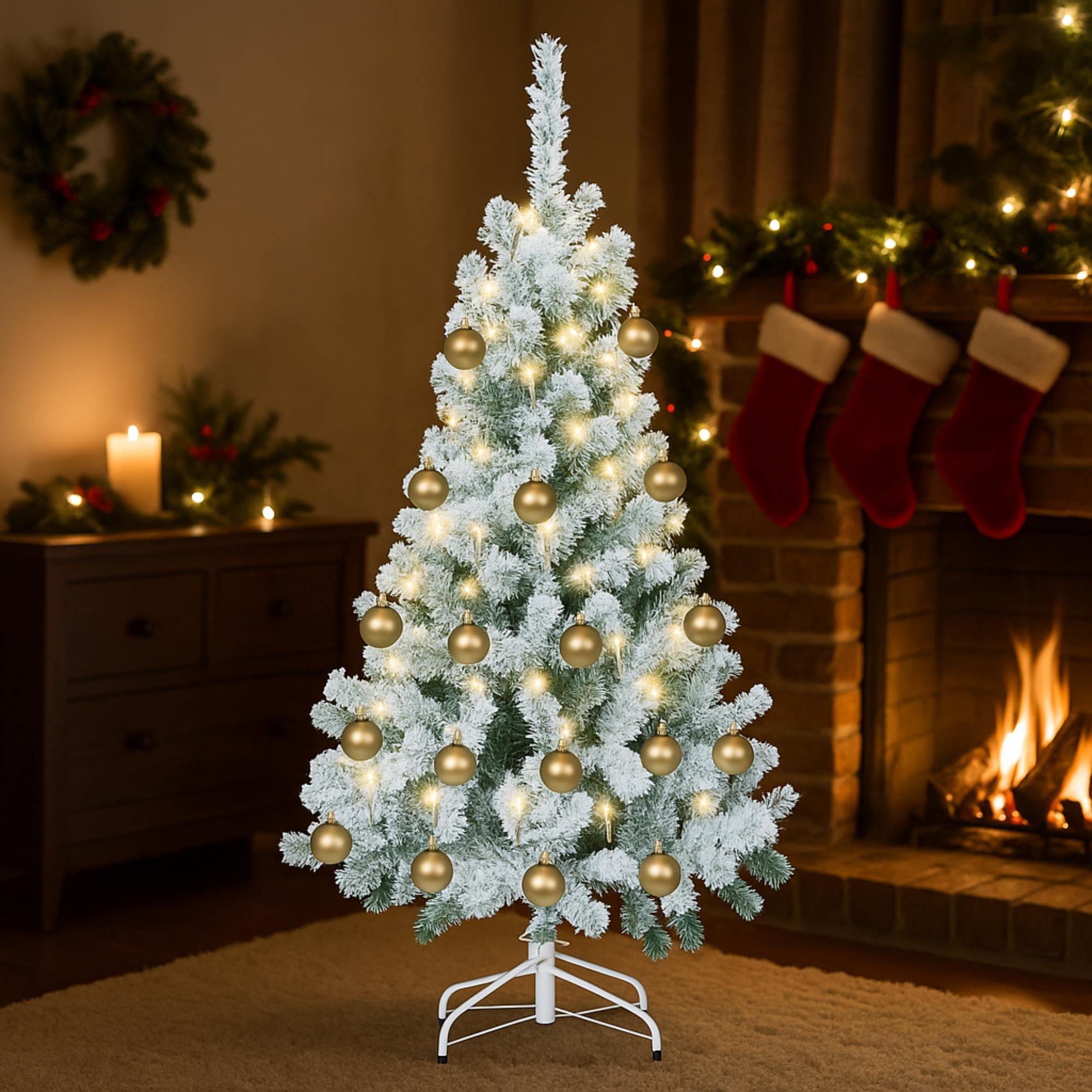 Un árbol de Navidad decorado con adornos dorados y luces. Una chimenea y calcetines están en el fondo.