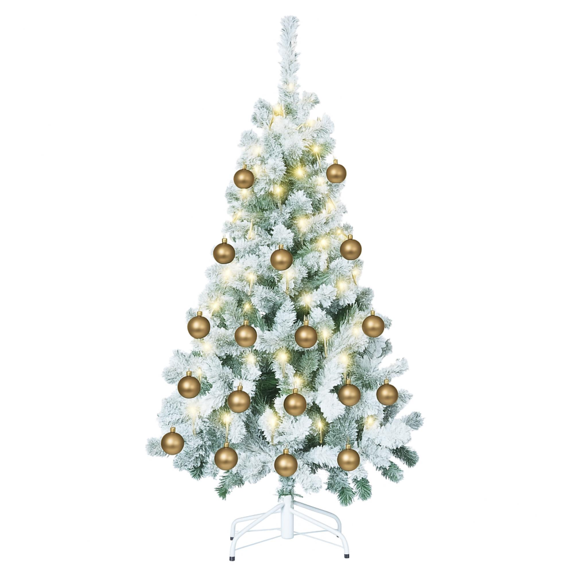 Un árbol de Navidad nevado con adornos y luces doradas. Se encuentra sobre un soporte blanco. El fondo es blanco.