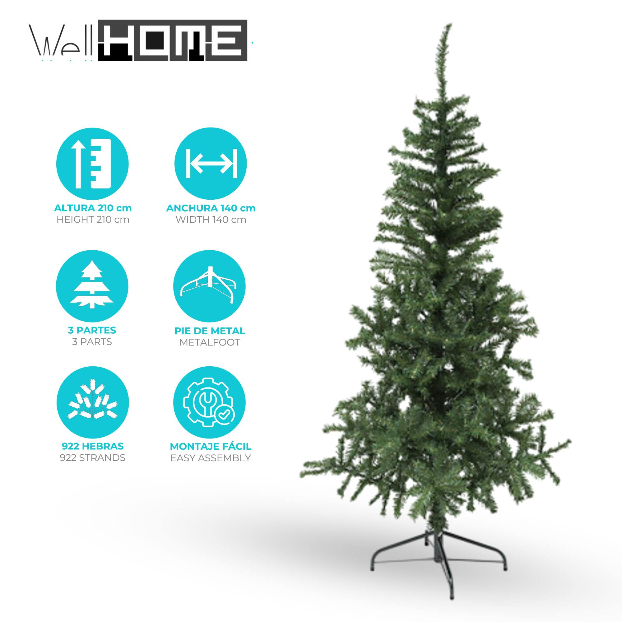 Un árbol de Navidad artificial verde sobre fondo blanco. Tiene base metálica e iconos informativos.