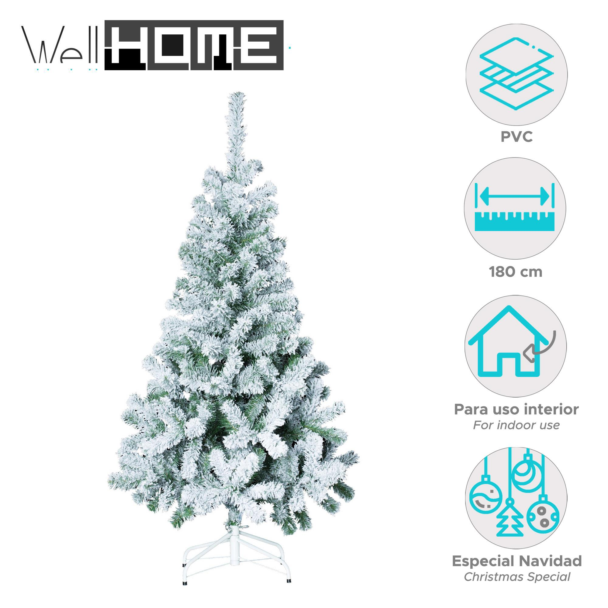 Un árbol de Navidad nevado se encuentra en un soporte blanco. Textos muestran PVC, 180cm, para uso interior y especial Navidad.