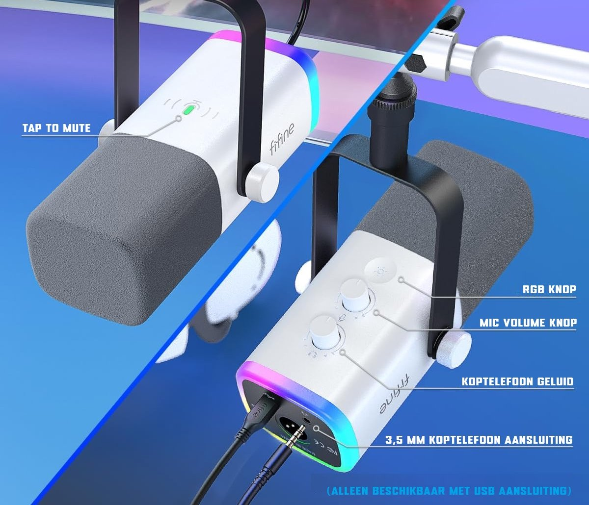Gri sünger kapaklı beyaz ve siyah bir mikrofon. RGB ışıkları vardır. Etiketler, sessize alma, ses seviyesi ve kulaklık jakı gibi işlevleri gösterir.