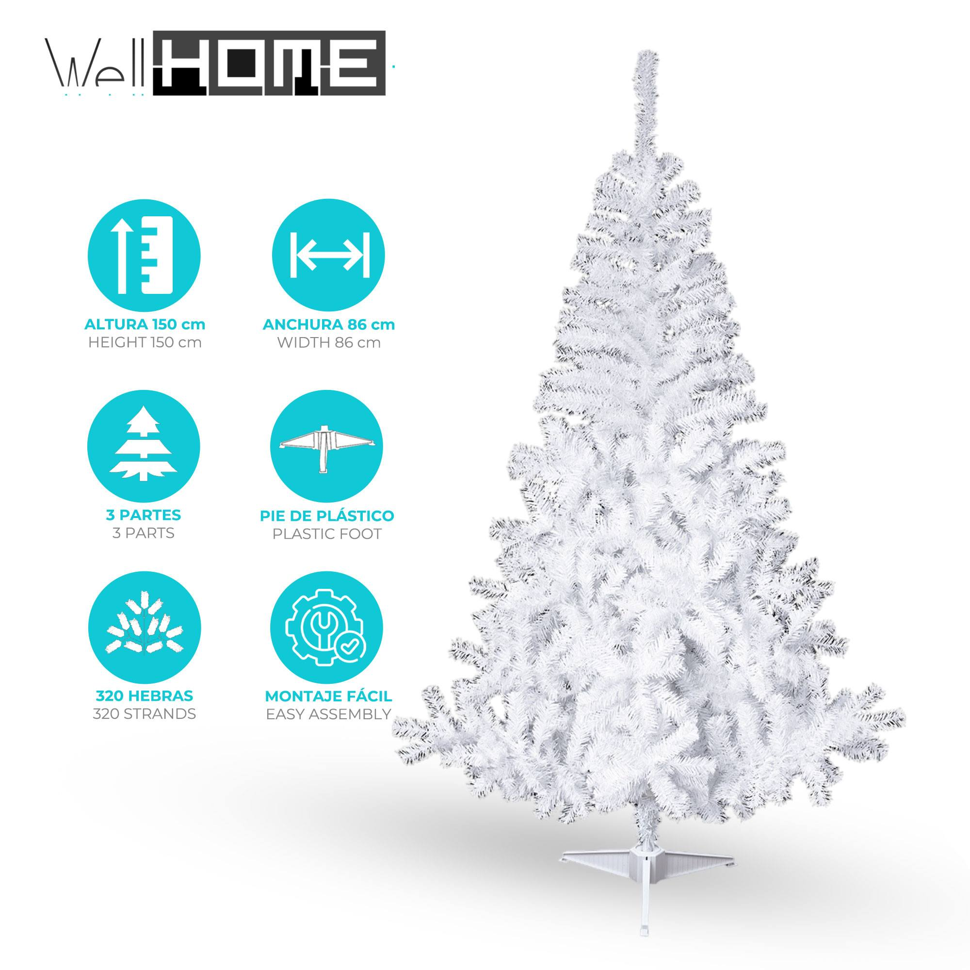 Un árbol de Navidad artificial blanco. La imagen muestra altura, ancho, partes, pie, hebras y fácil montaje.