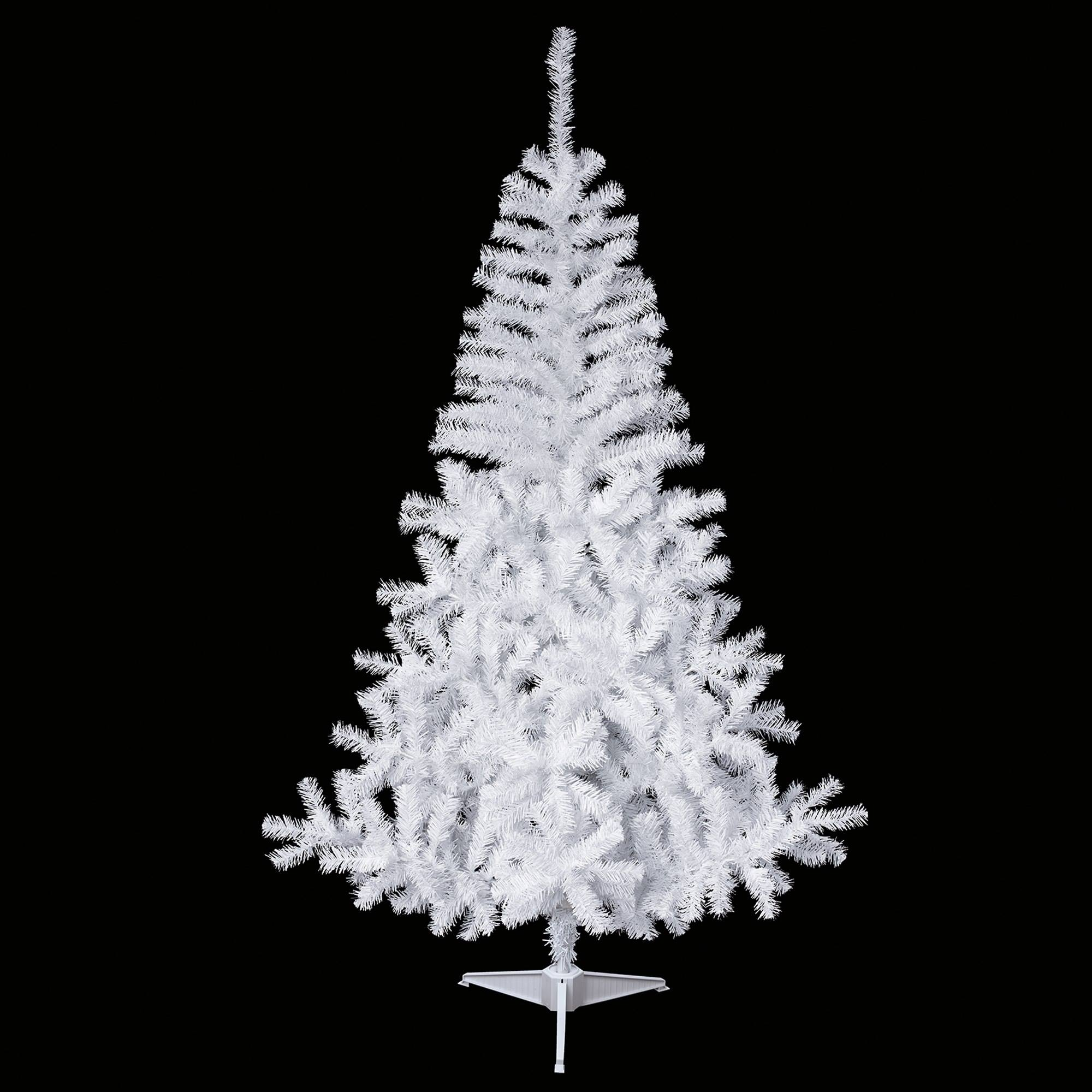 Un árbol de Navidad artificial blanco sobre fondo negro. El árbol tiene una base en forma de estrella.