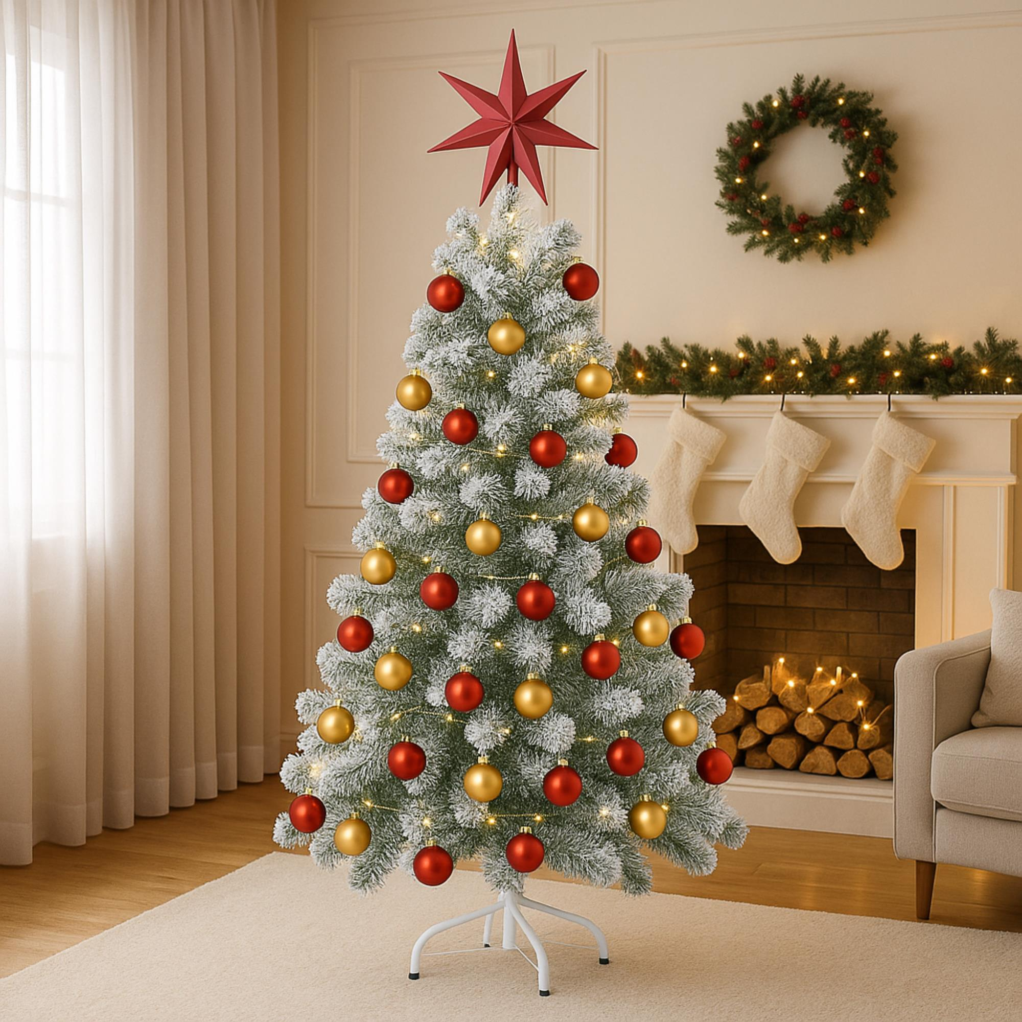 Un árbol de Navidad decorado con estrella roja, adornos y luces. Chimenea con calcetines y corona en el fondo.