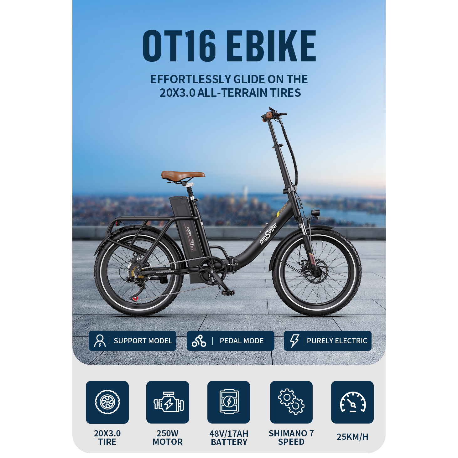 Czarny rower elektryczny OT16 z brązowym siedzeniem. Obraz przedstawia cechy i specyfikacje roweru, w tym rozmiar opon i moc silnika.