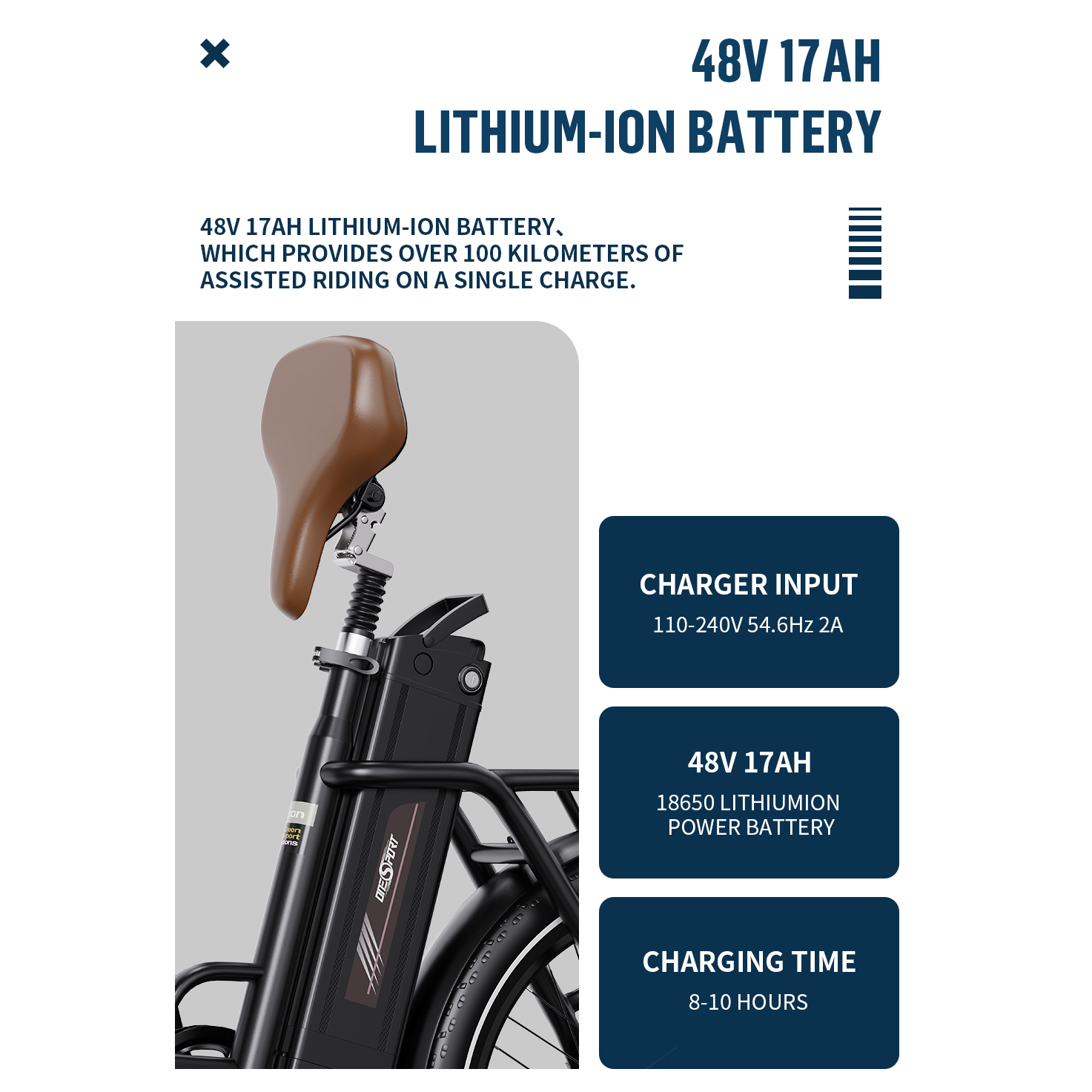 Rower elektryczny. Posiada brązowe siodełko, czarną baterię i tekst opisujący specyfikacje baterii, w tym napięcie.