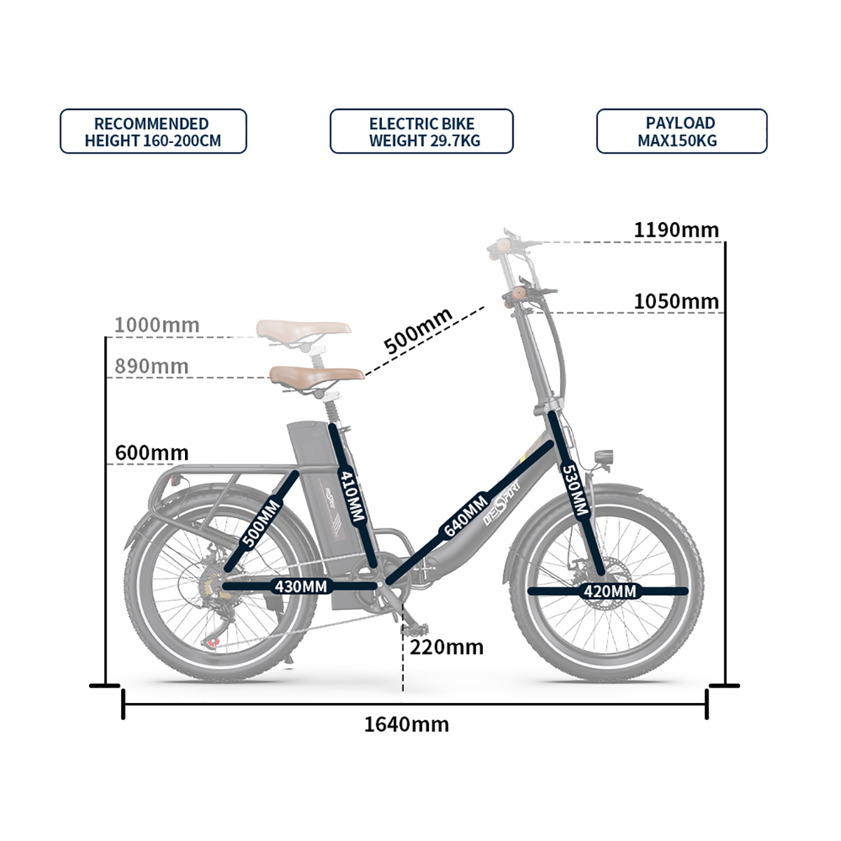 Rower elektryczny z wymiarami. Szczegóły obejmują zalecaną wysokość, wagę i ładowność.