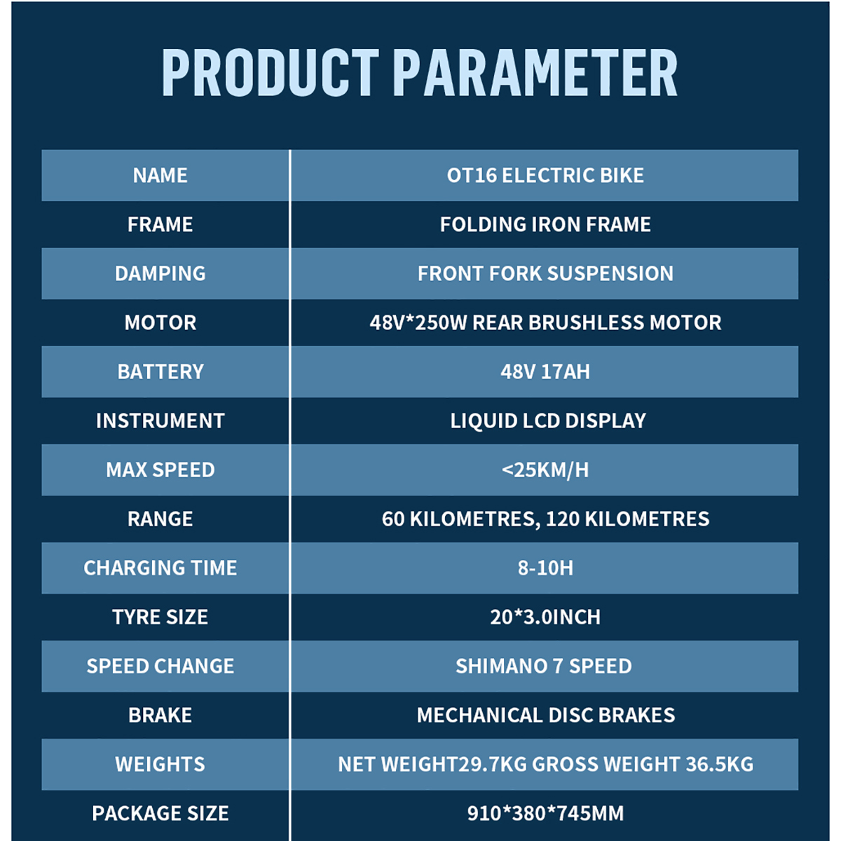 Tabela parametrów produktu dla roweru elektrycznego OT16. Szczegóły obejmują ramę, silnik, baterię, prędkość, zasięg i wymiary.